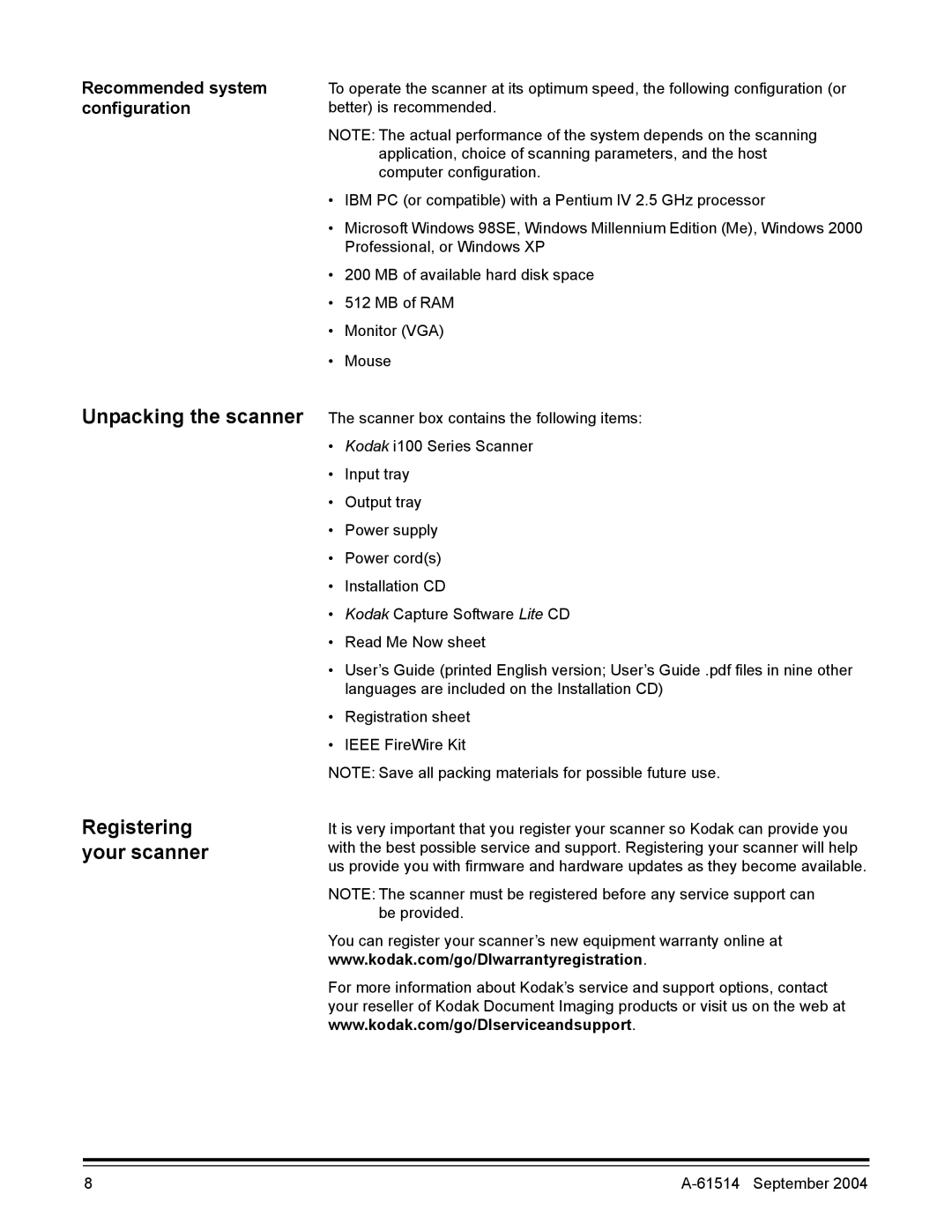 Kodak A-61514 manual Unpacking the scanner Registering your scanner, Recommended system configuration 