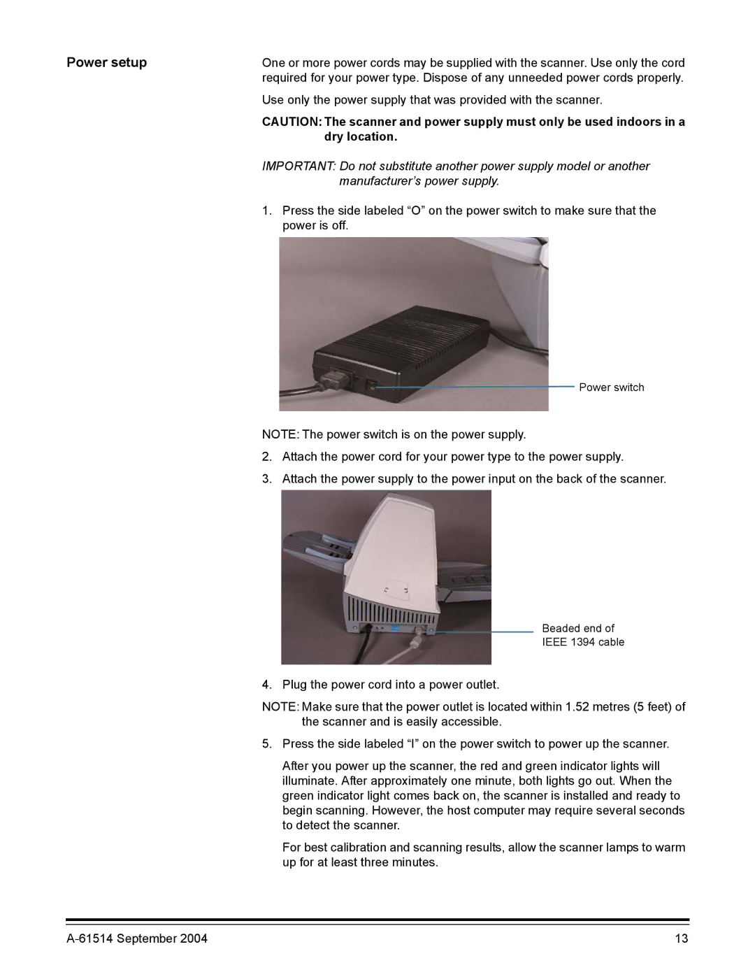 Kodak A-61514 manual Power setup, Dry location 