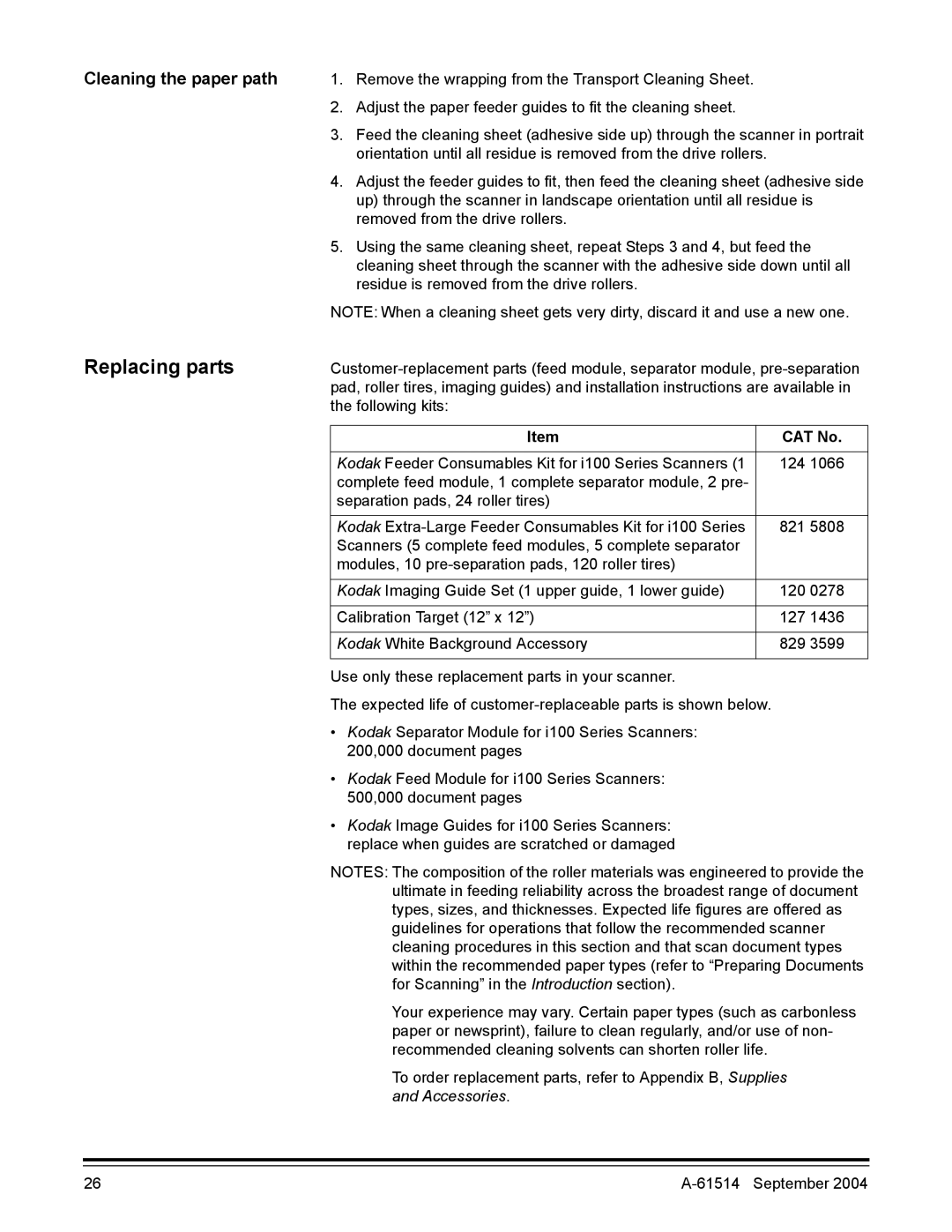 Kodak A-61514 manual Replacing parts, Cleaning the paper path, CAT No 