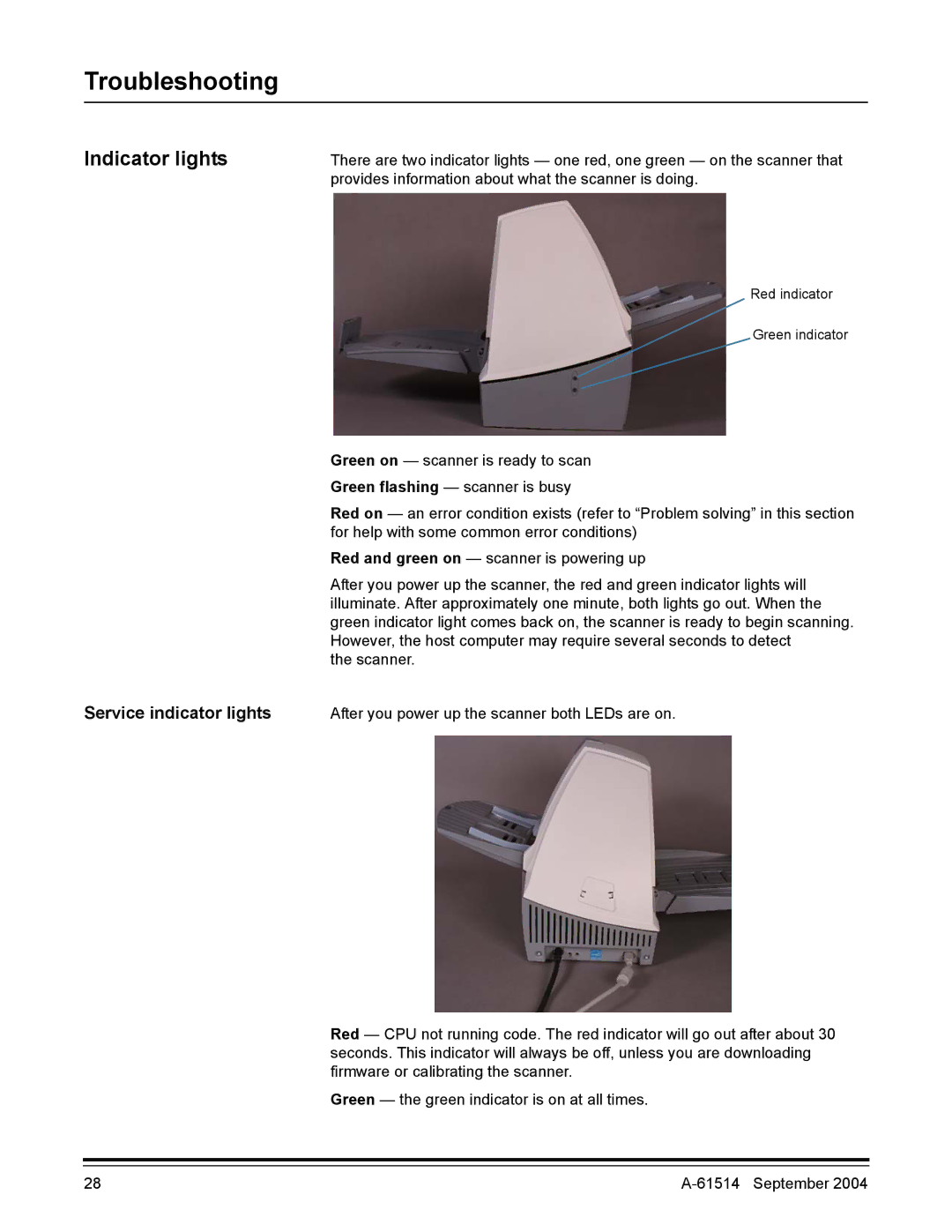 Kodak A-61514 manual Troubleshooting, Indicator lights, Service indicator lights 