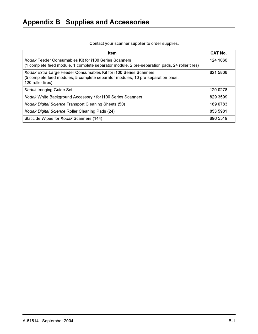 Kodak A-61514 manual Appendix B Supplies and Accessories 