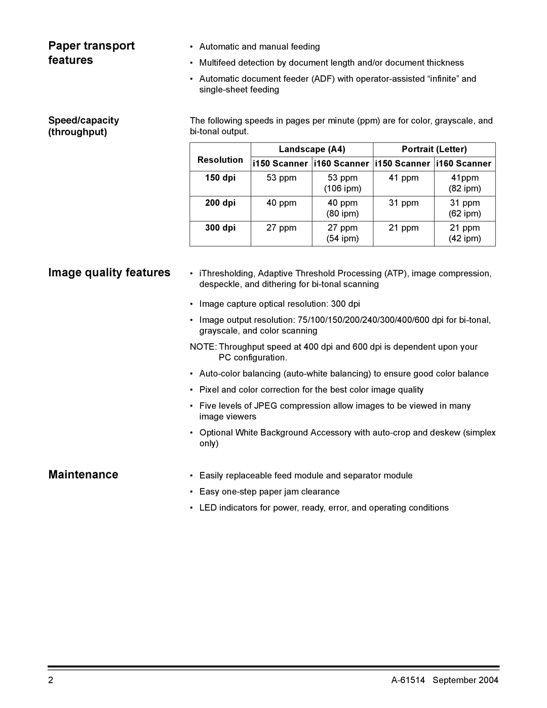 Kodak A-61514 Paper transport features, Image quality features Maintenance, Speed/capacity Throughput, 200 dpi, 300 dpi 