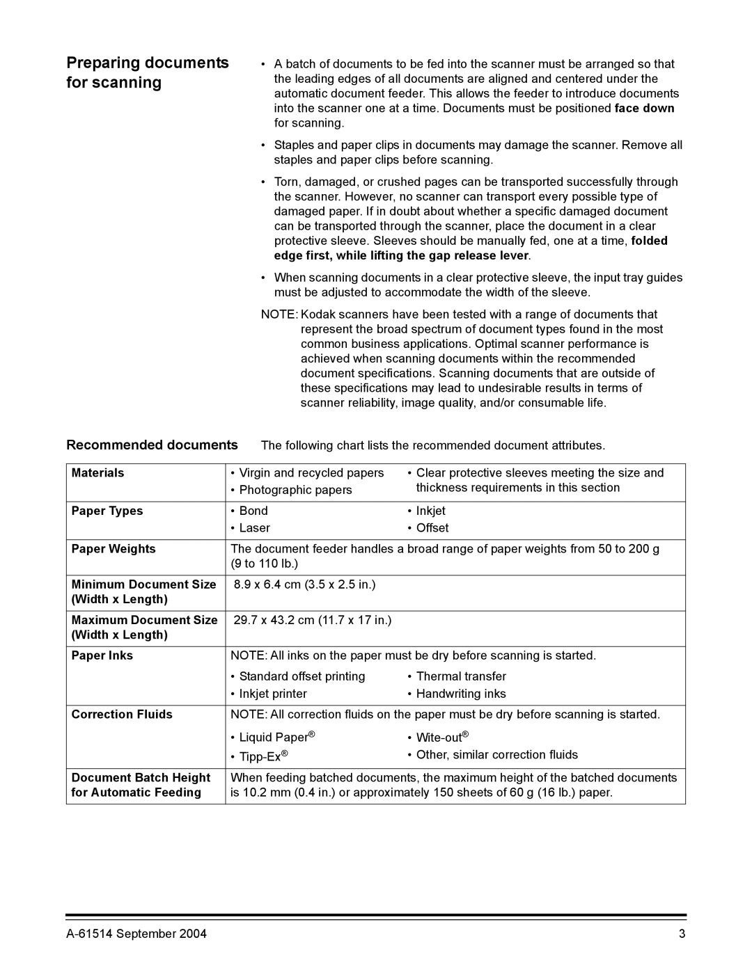 Kodak A-61514 manual Preparing documents for scanning, Recommended documents 