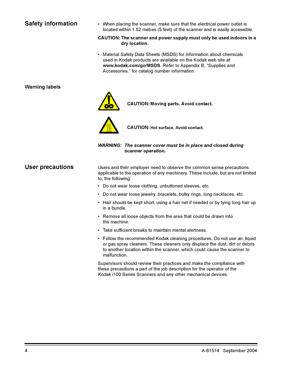 Kodak A-61514 manual Safety information, User precautions 