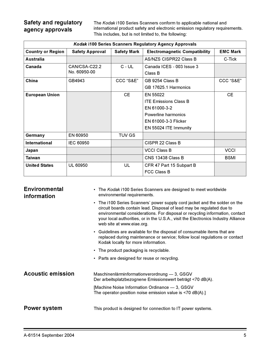 Kodak A-61514 manual Safety and regulatory agency approvals, Environmental information Acoustic emission, Power system 