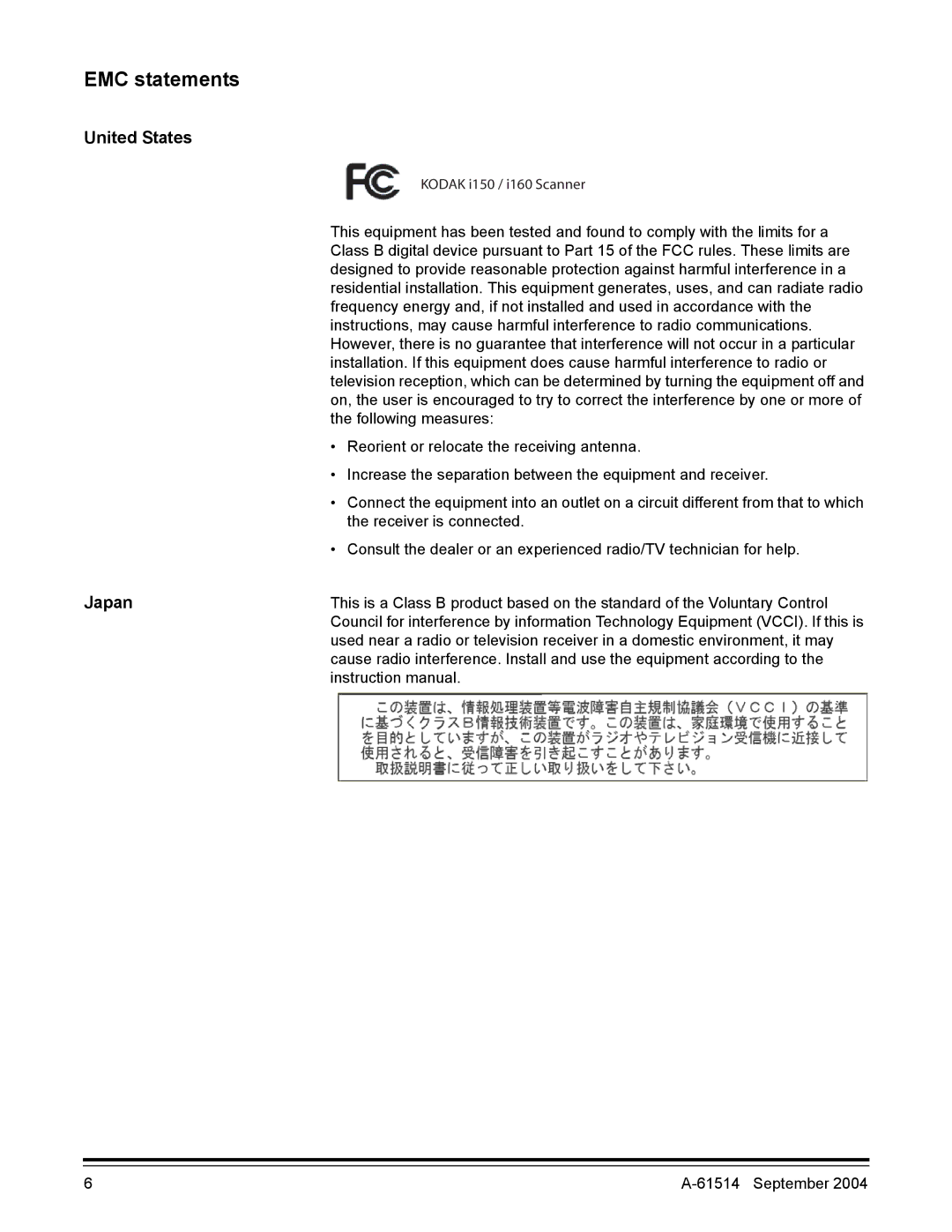 Kodak A-61514 manual EMC statements, United States, Japan 