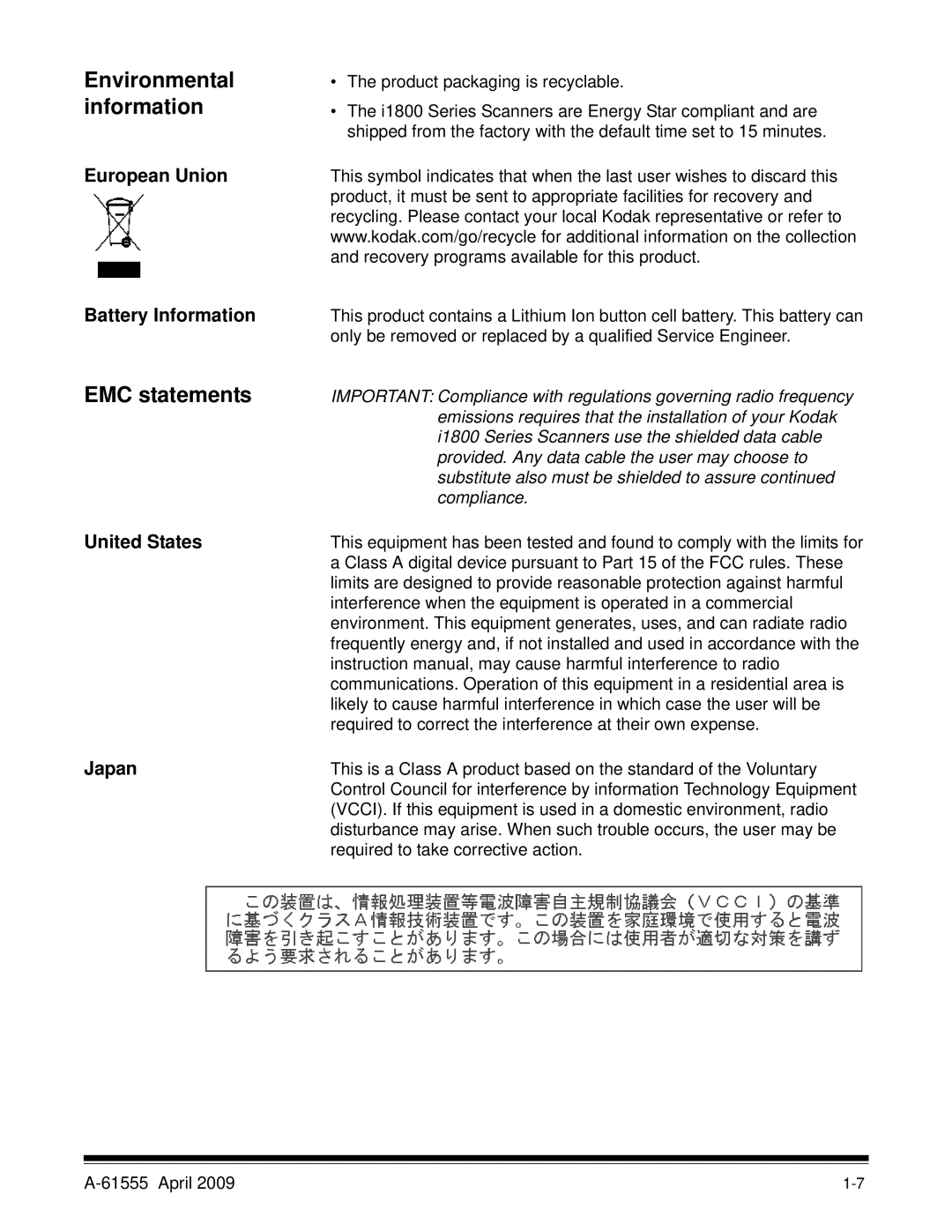 Kodak A-61555 manual EMC statements, Environmental information 