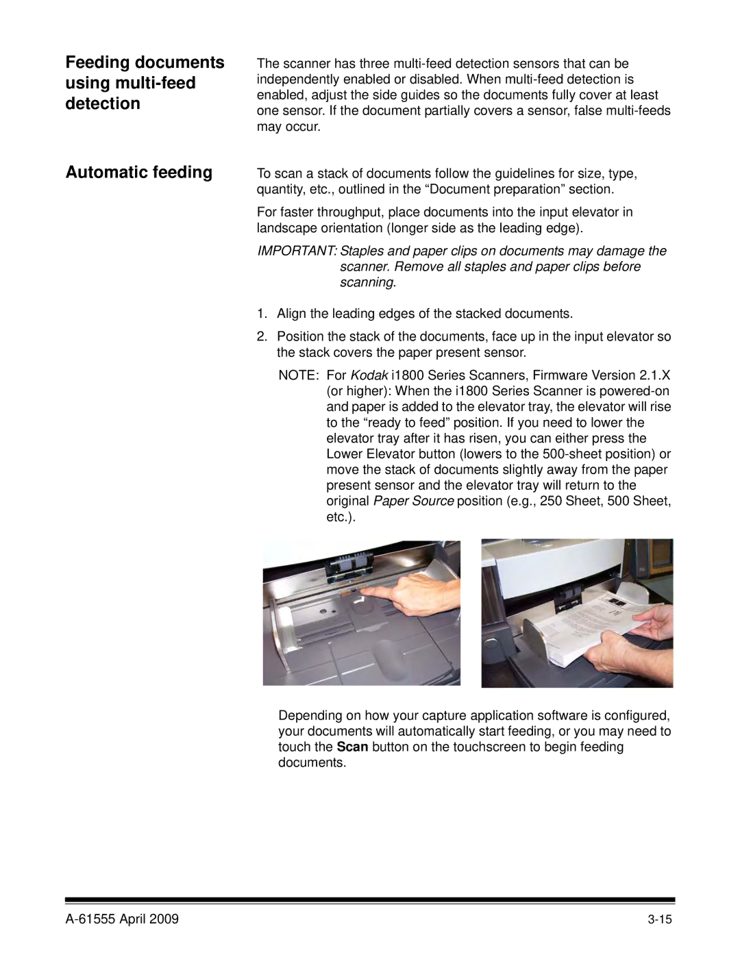 Kodak A-61555 manual Automatic feeding, Feeding documents using multi-feed detection 