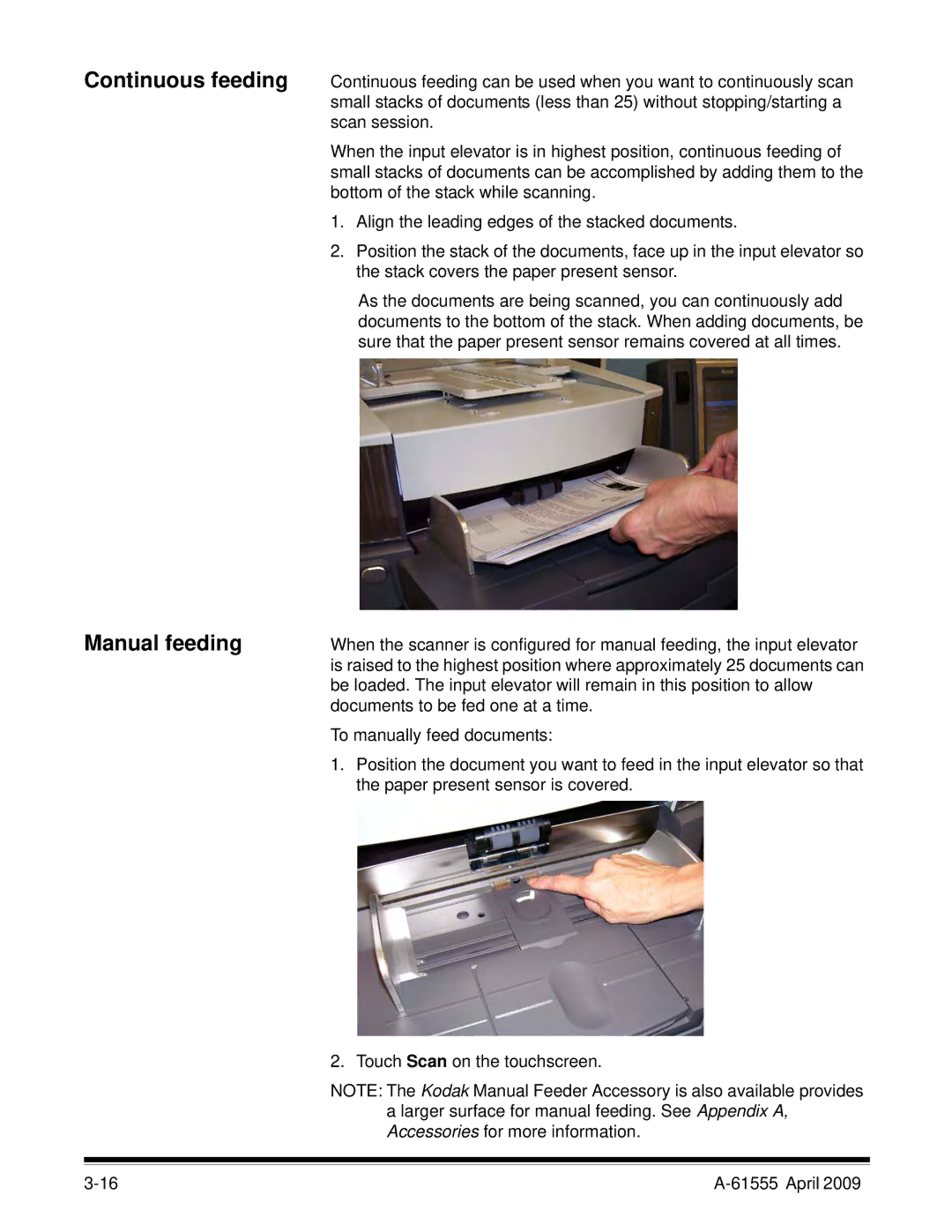 Kodak A-61555 manual Continuous feeding Manual feeding 