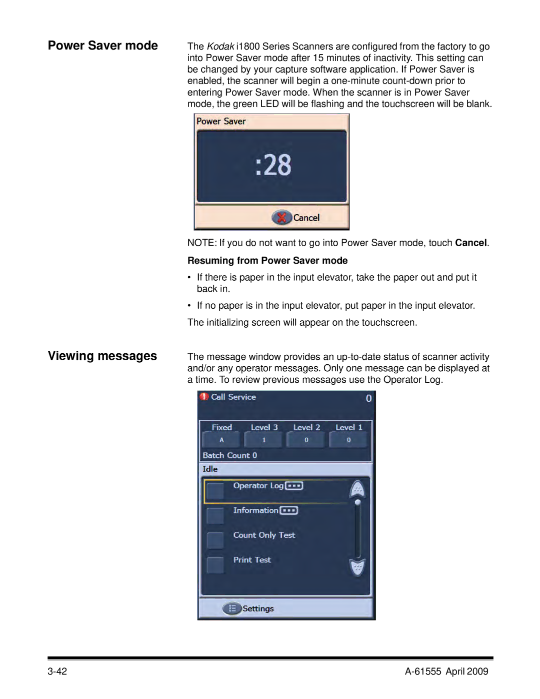 Kodak A-61555 manual Power Saver mode Viewing messages, Resuming from Power Saver mode 