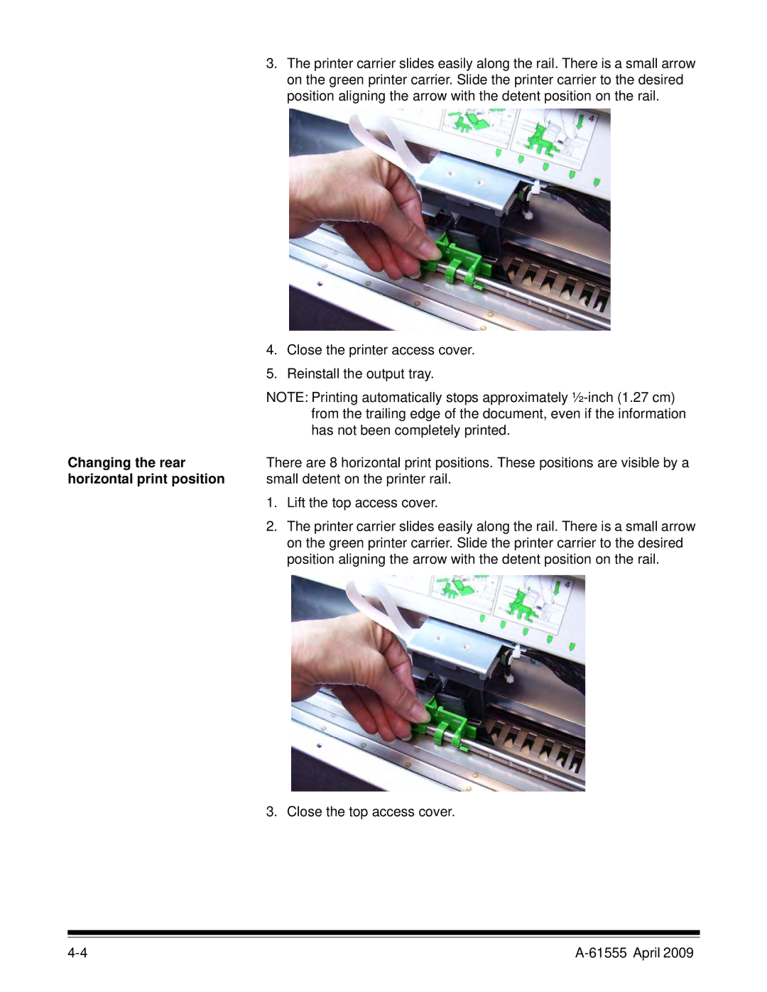 Kodak A-61555 manual Changing the rear, Horizontal print position 