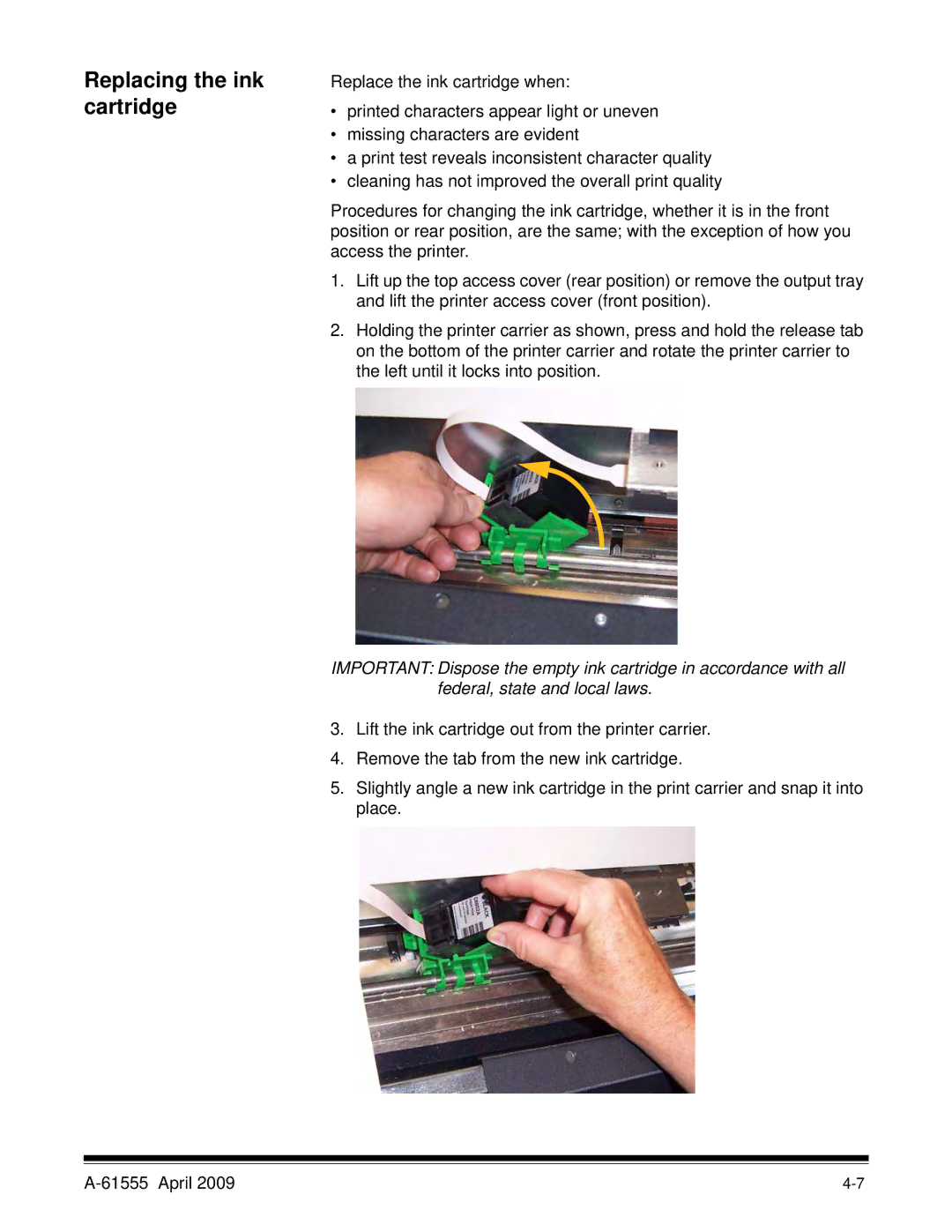 Kodak A-61555 manual Replacing the ink cartridge 