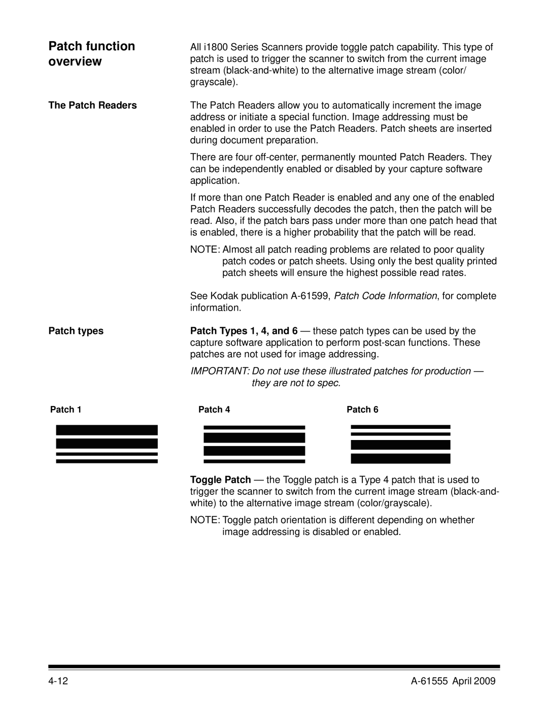 Kodak A-61555 manual Patch function overview, Patch Readers, Patch types 