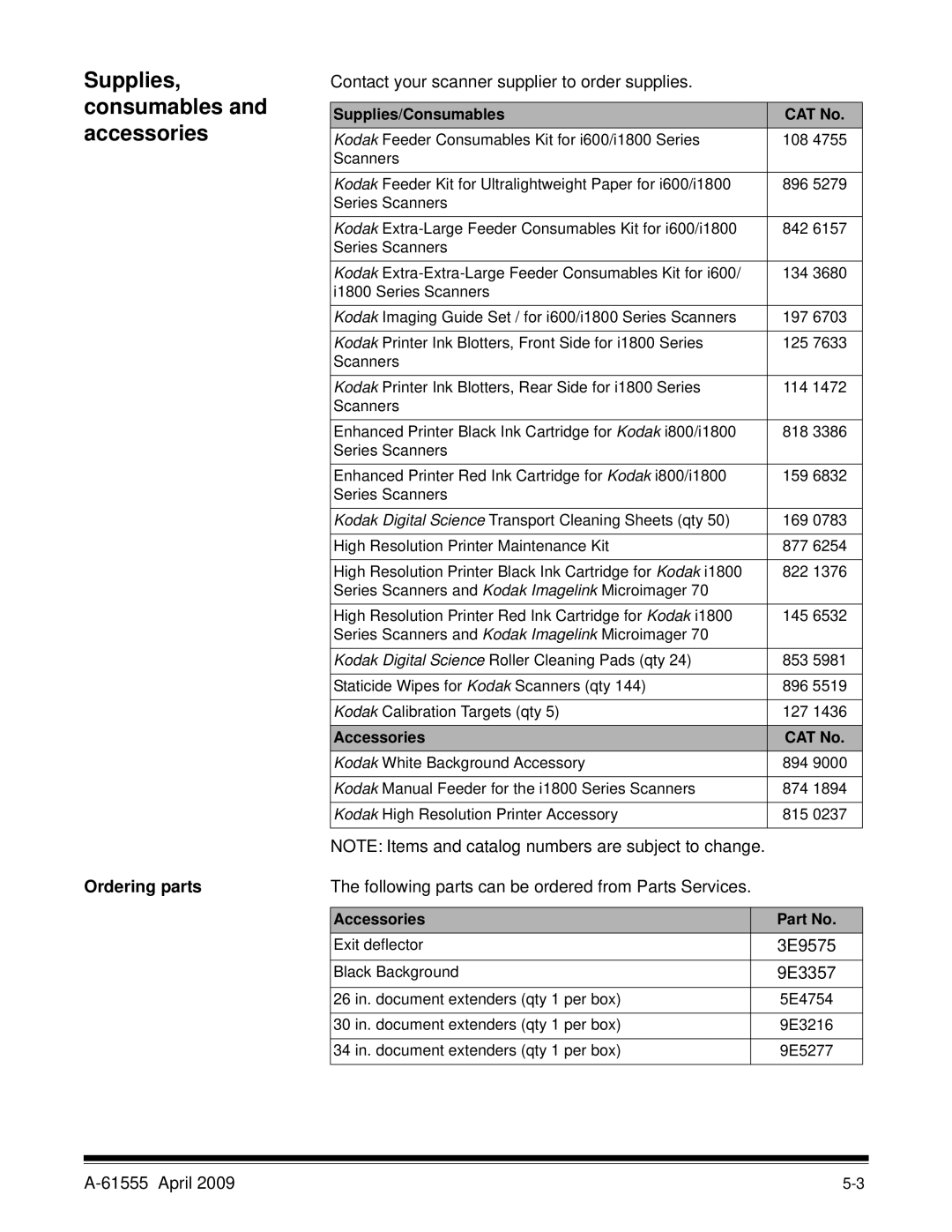 Kodak A-61555 manual Supplies, consumables and accessories, Ordering parts 