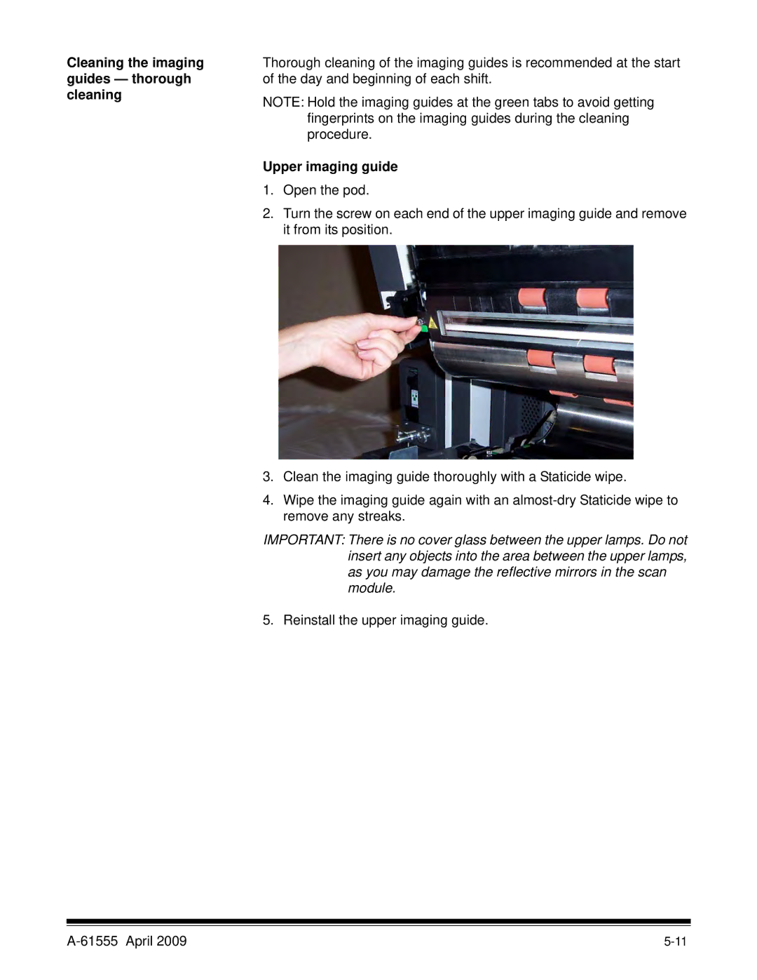 Kodak A-61555 manual Cleaning the imaging guides thorough cleaning, Upper imaging guide 