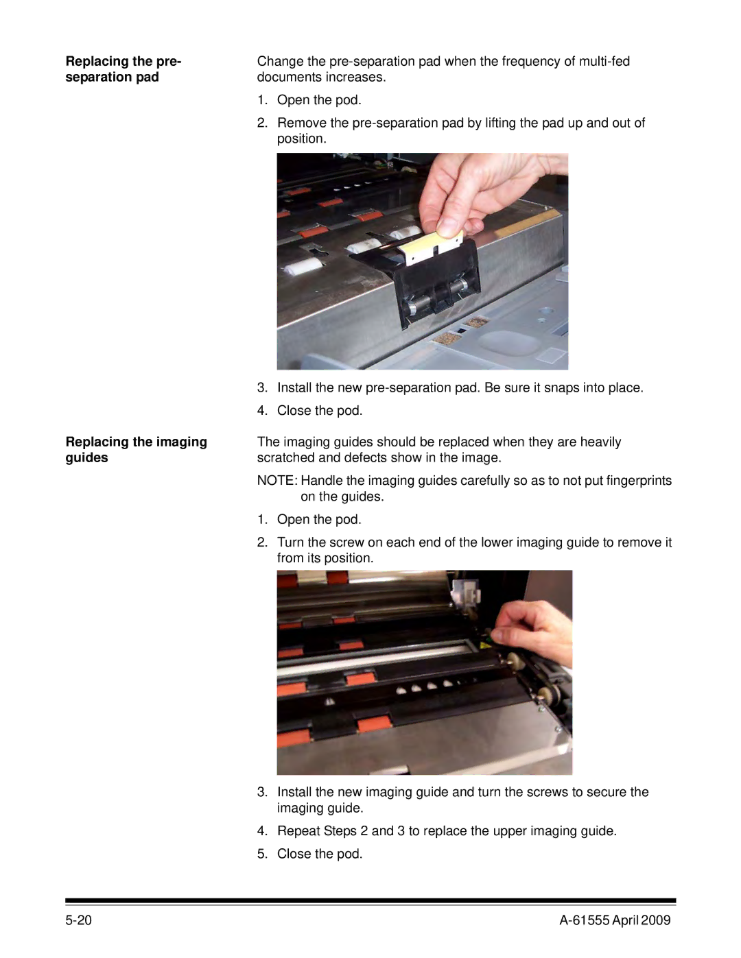 Kodak A-61555 manual Replacing the pre, Separation pad, Replacing the imaging, Guides 