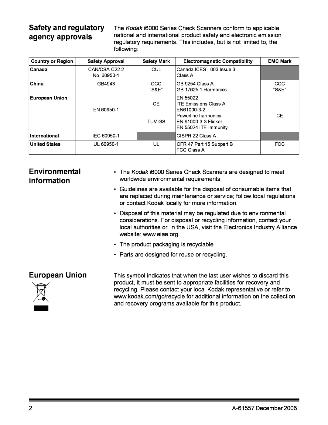 Kodak A-61557 manual European Union, Safety and regulatory agency approvals, Environmental information 