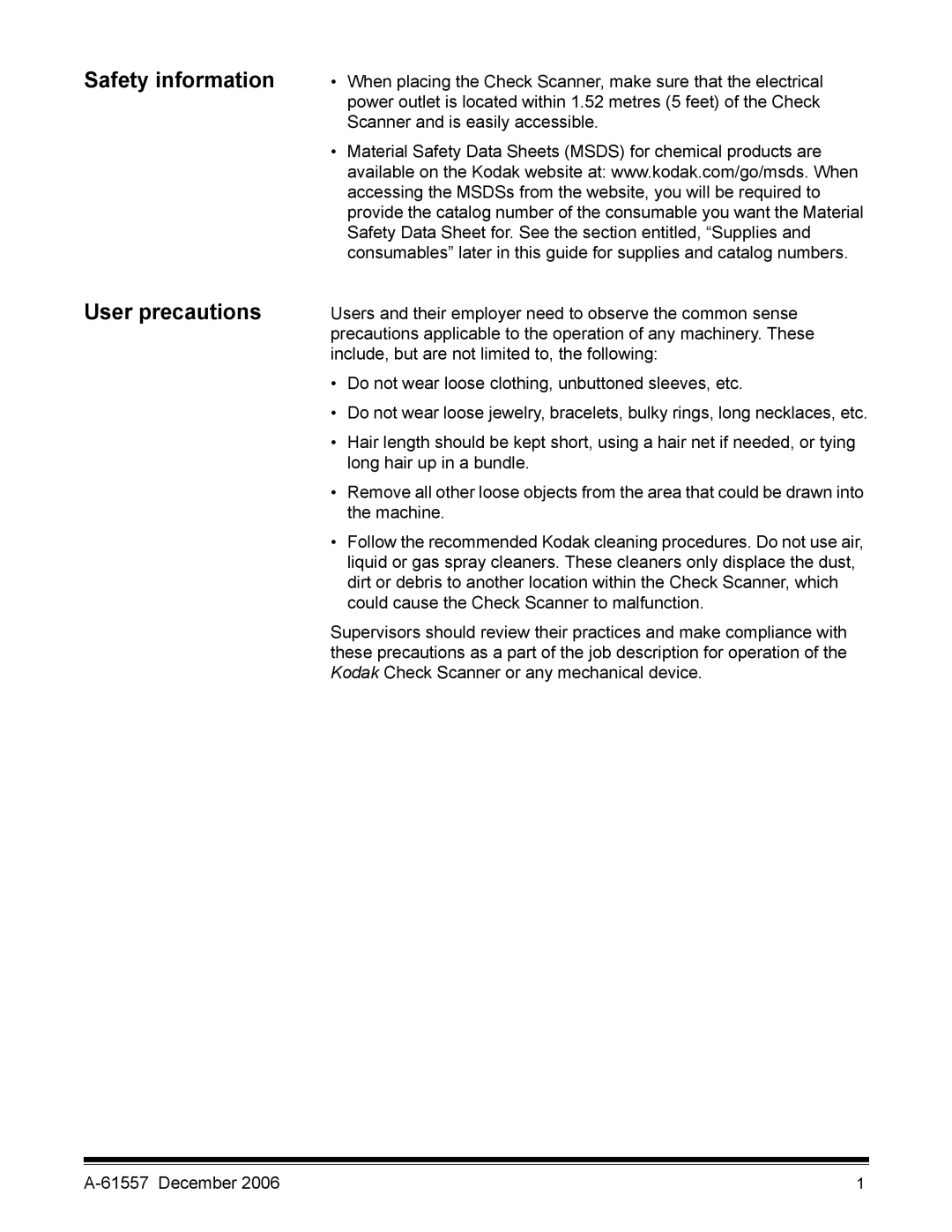 Kodak A-61557 manual Safety information User precautions 