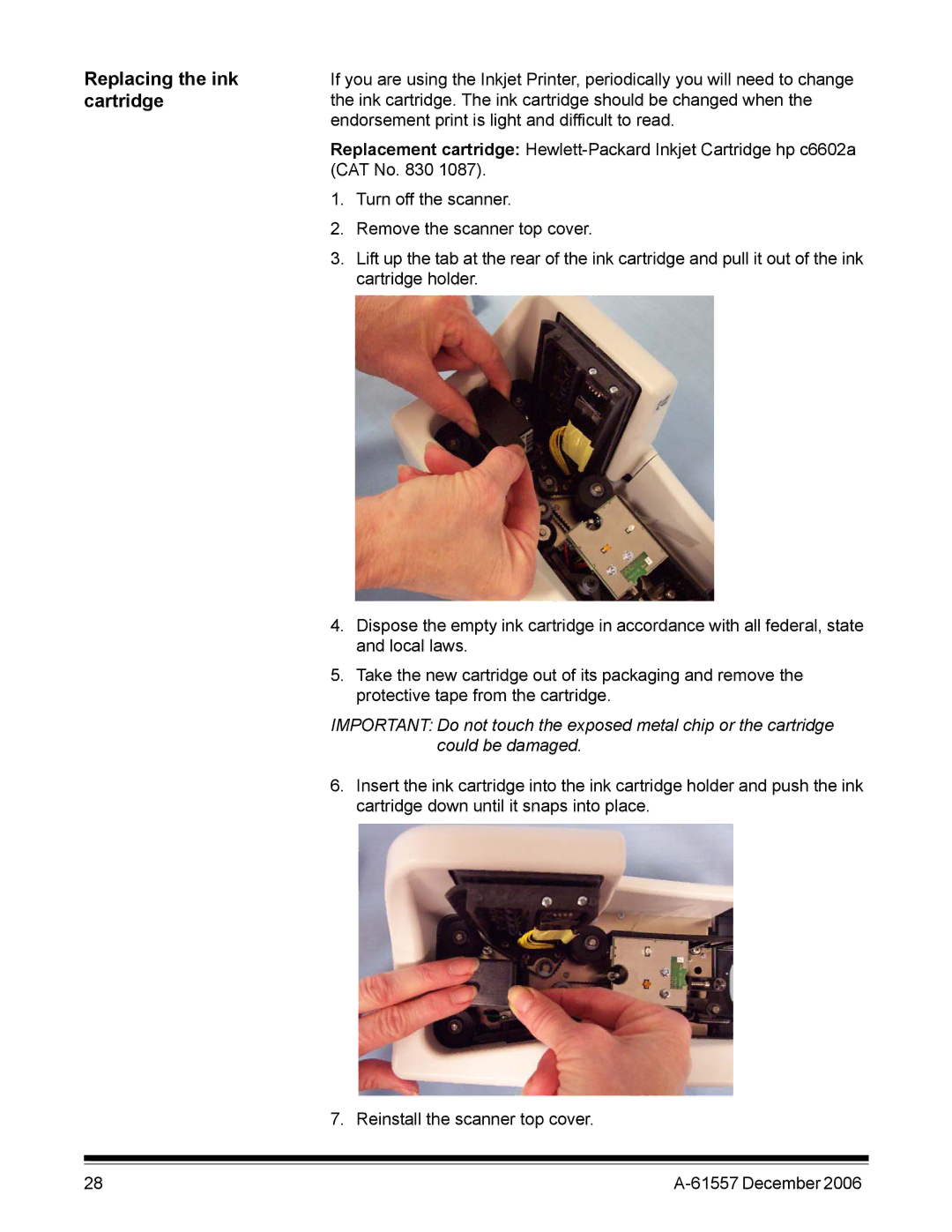 Kodak A-61557 manual Replacing the ink, Cartridge 