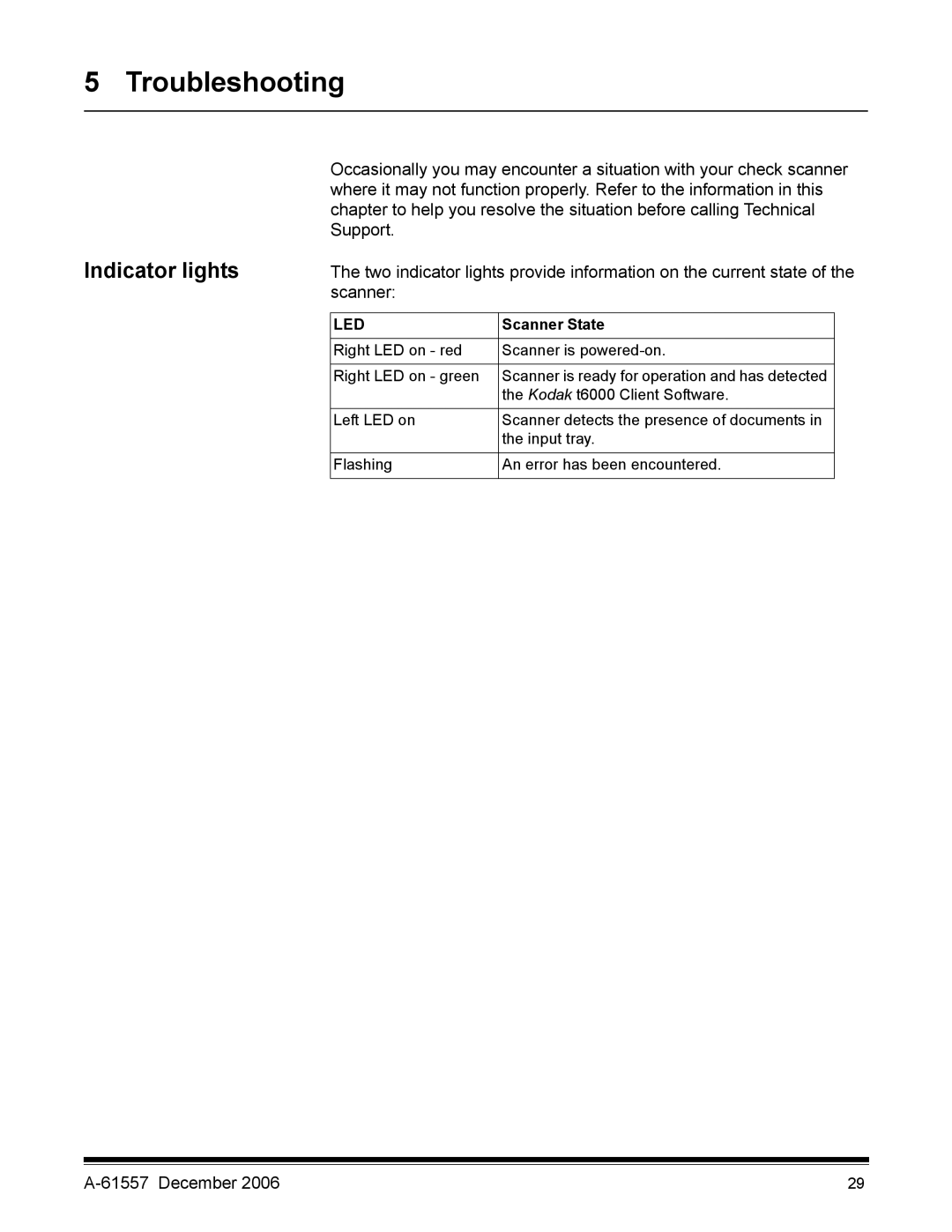 Kodak A-61557 manual Troubleshooting, Indicator lights, Scanner State 