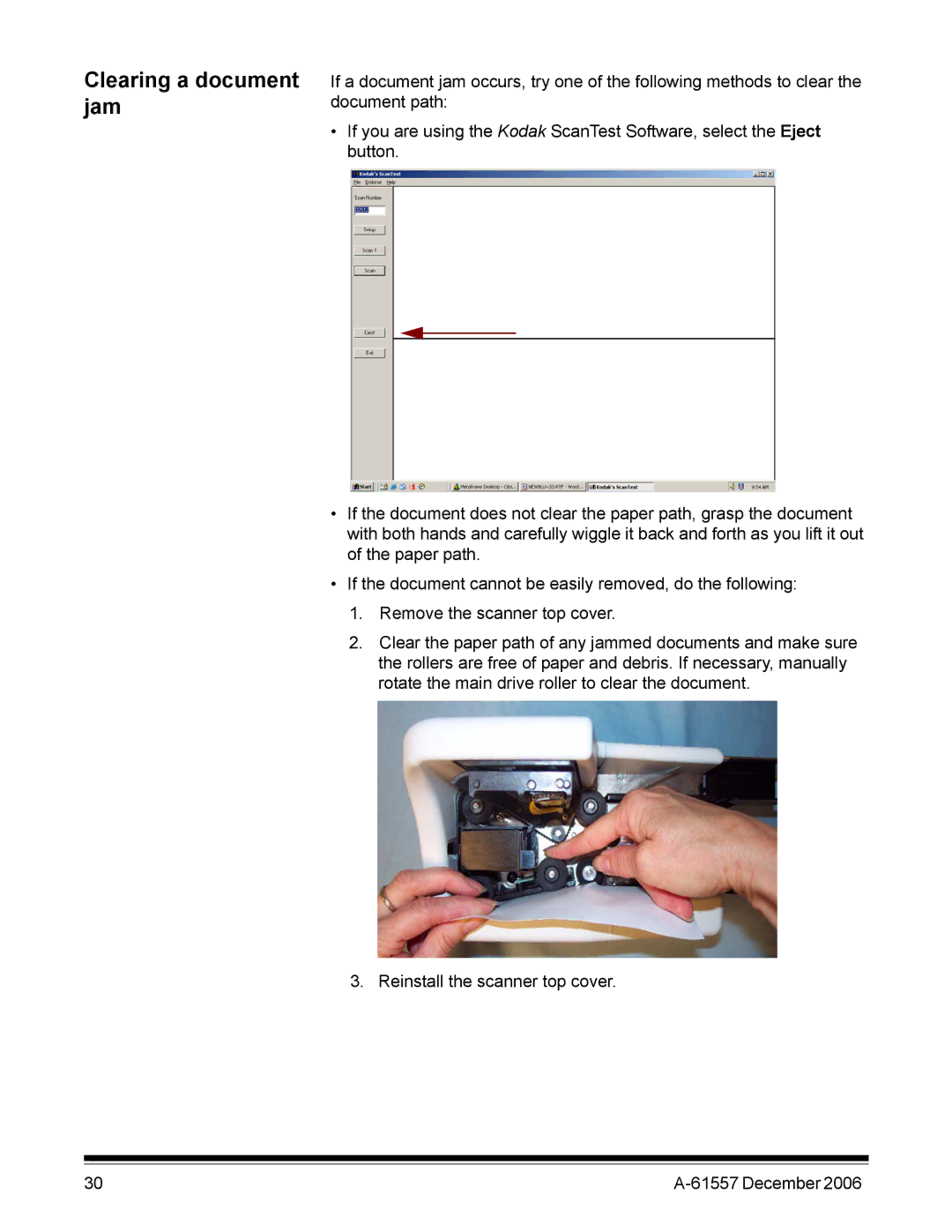 Kodak A-61557 manual Clearing a document jam 