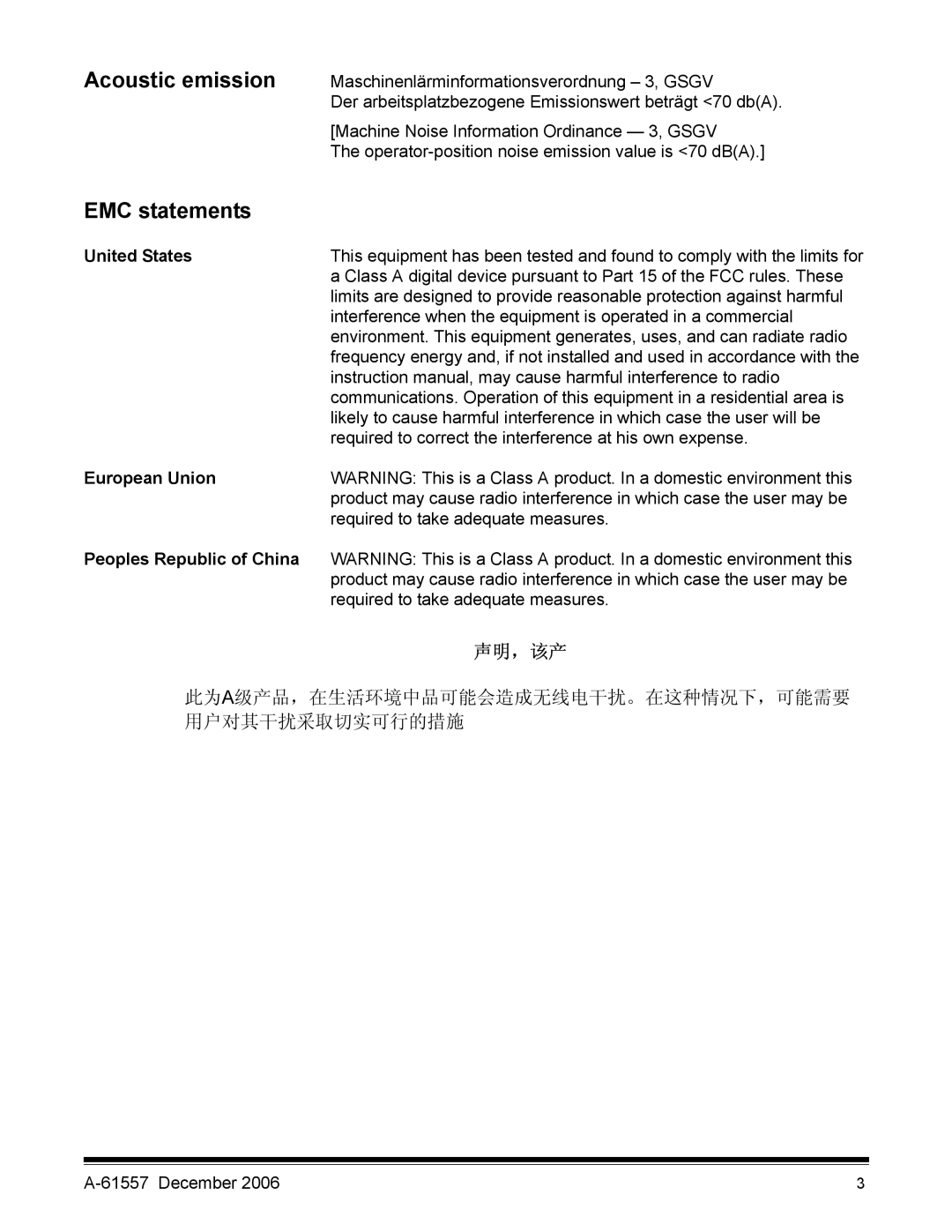 Kodak A-61557 manual Acoustic emission EMC statements, United States, European Union, Peoples Republic of China 