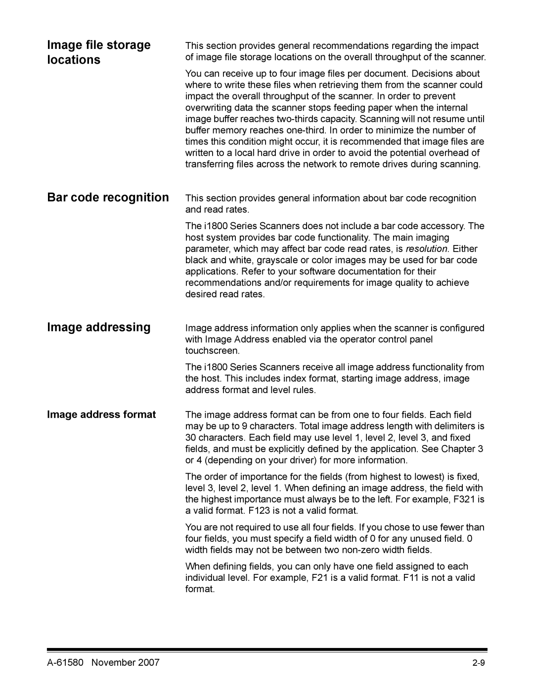 Kodak A-61580 manual Image file storage locations, Bar code recognition, Image addressing, Image address format 