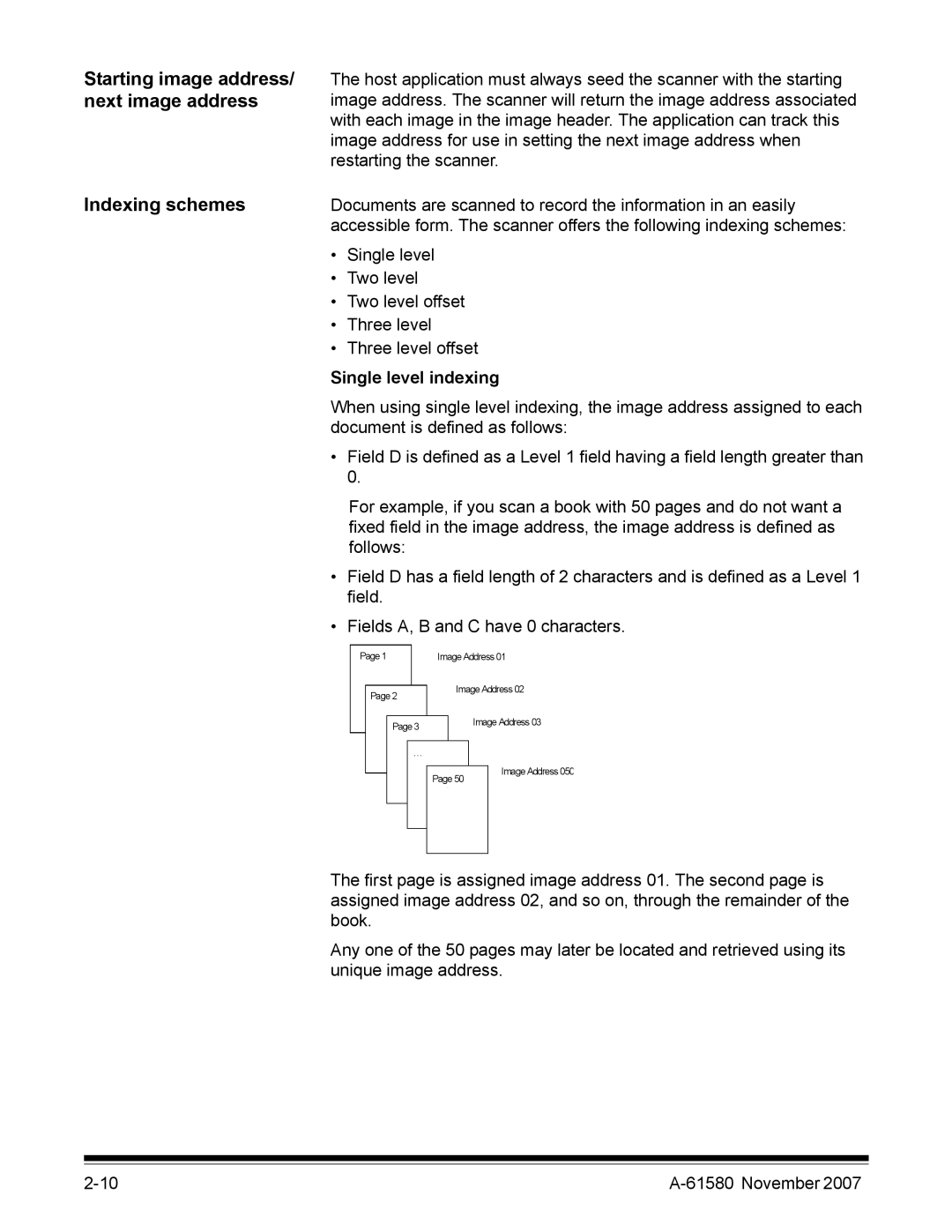 Kodak A-61580 manual Starting image address, Next image address, Indexing schemes, Single level indexing 