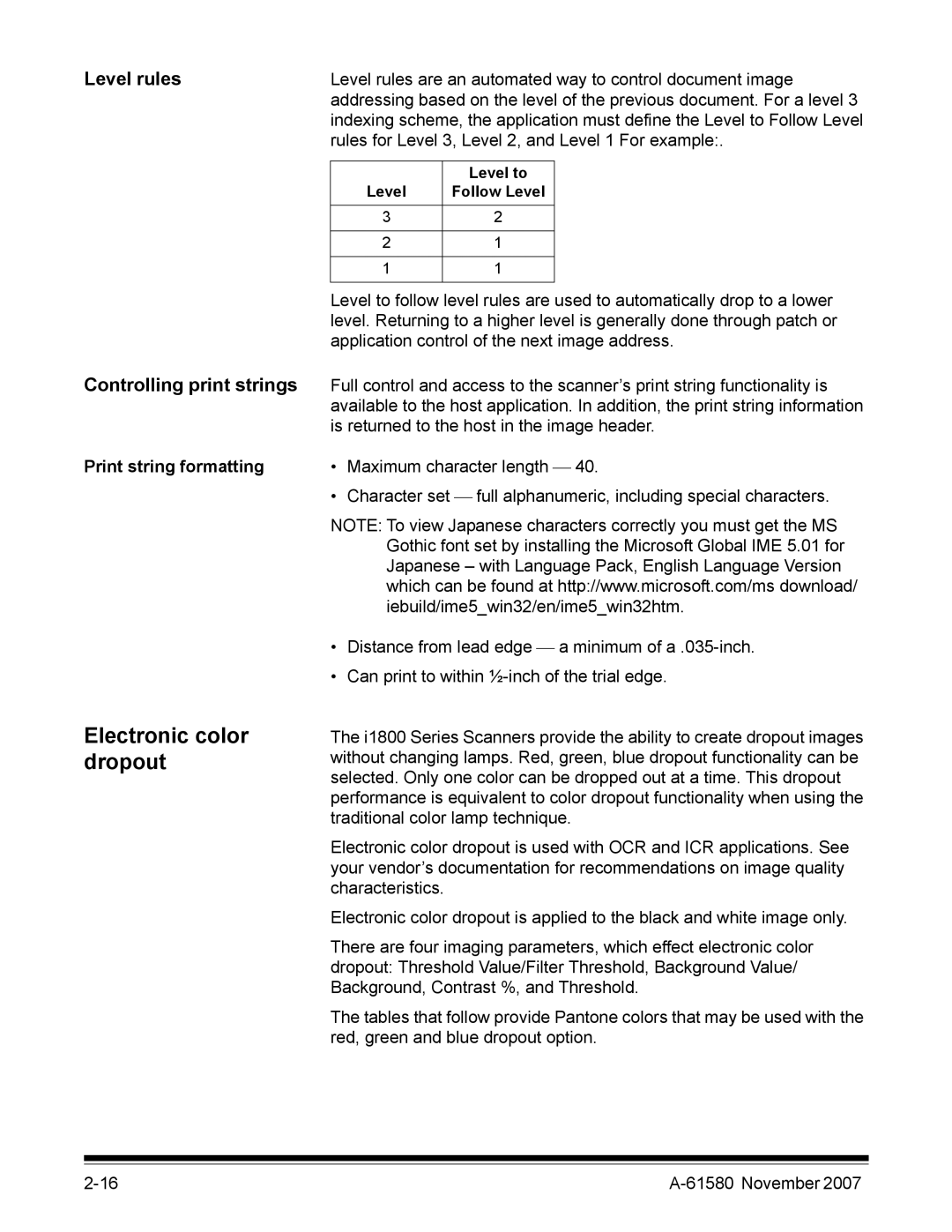 Kodak A-61580 manual Electronic color dropout, Level rules, Controlling print strings, Print string formatting 