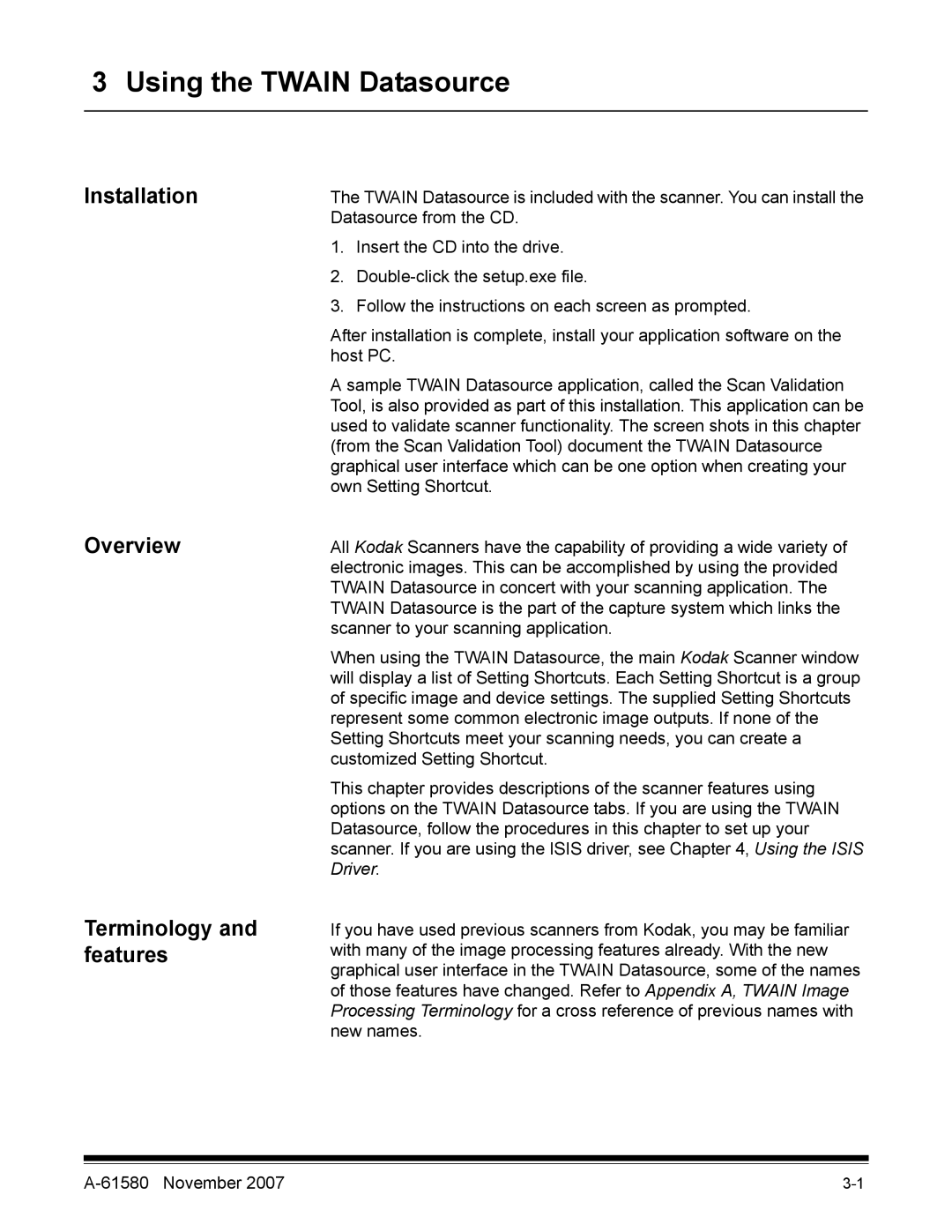 Kodak A-61580 manual Using the Twain Datasource, Installation Overview Terminology and features 