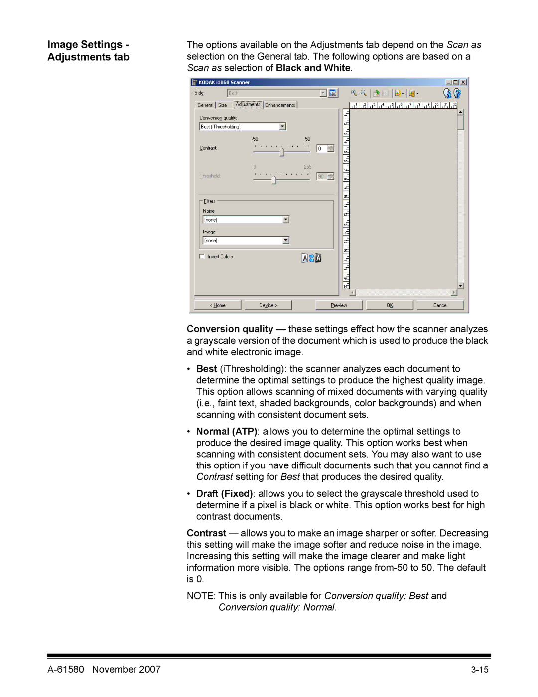 Kodak A-61580 manual Image Settings, Adjustments tab, Scan as selection of Black and White 