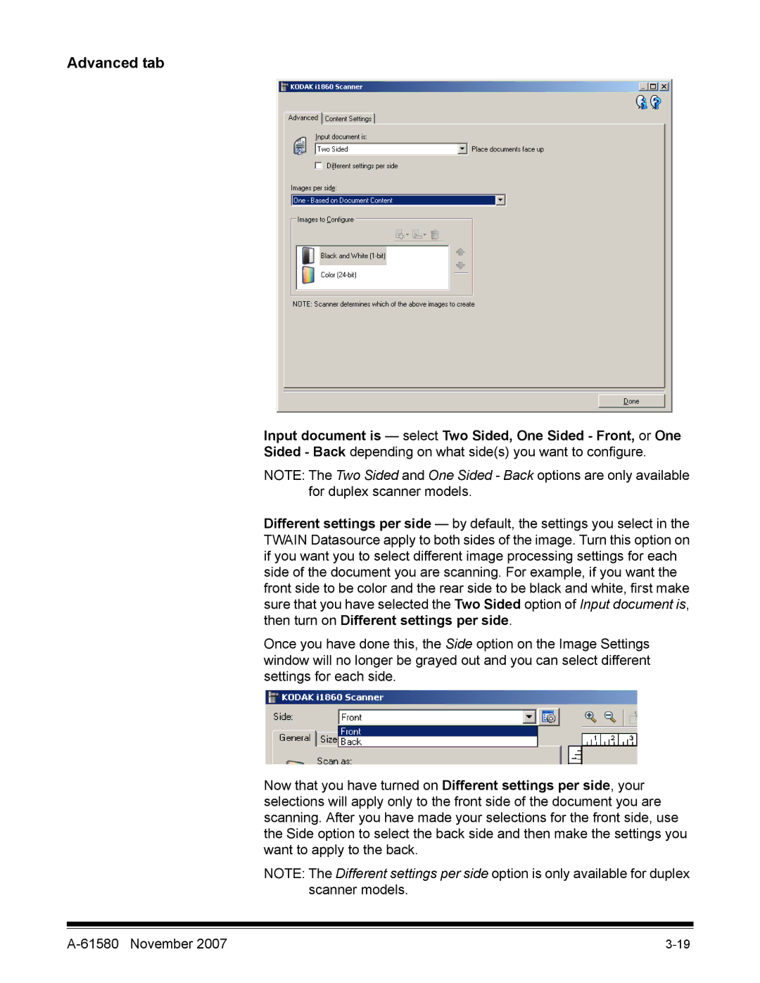 Kodak A-61580 manual Advanced tab, Input document is select Two Sided, One Sided Front, or One 