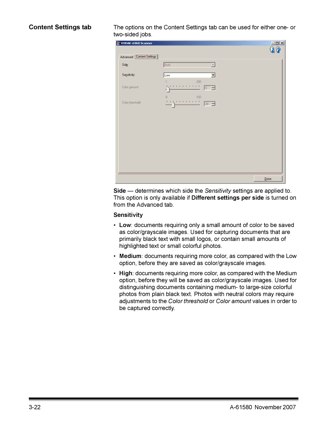 Kodak A-61580 manual Content Settings tab, Sensitivity 