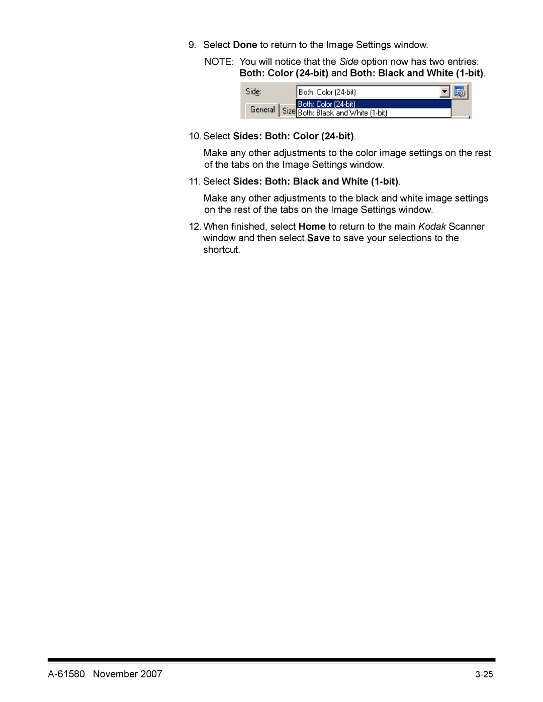 Kodak A-61580 manual Select Sides Both Color 24-bit, Select Sides Both Black and White 1-bit 