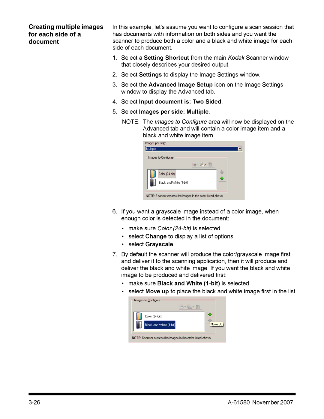 Kodak A-61580 manual Creating multiple images for each side of a document, Make sure Black and White 1-bit is selected 