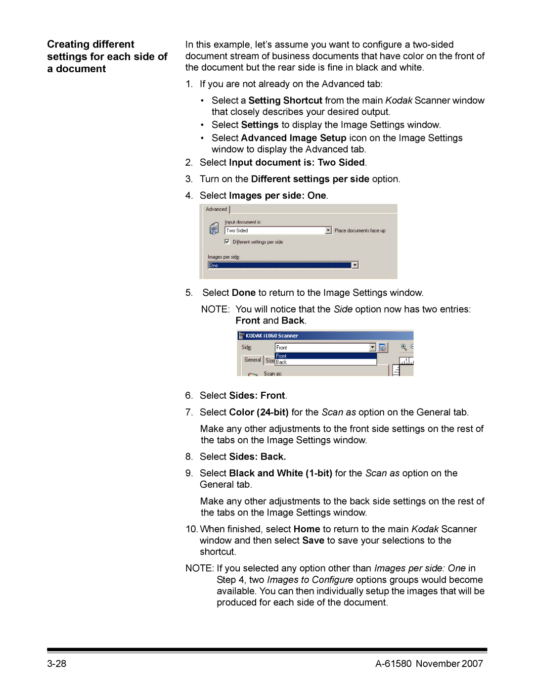 Kodak A-61580 manual Creating different settings for each side of a document, Select Sides Front, Select Sides Back 