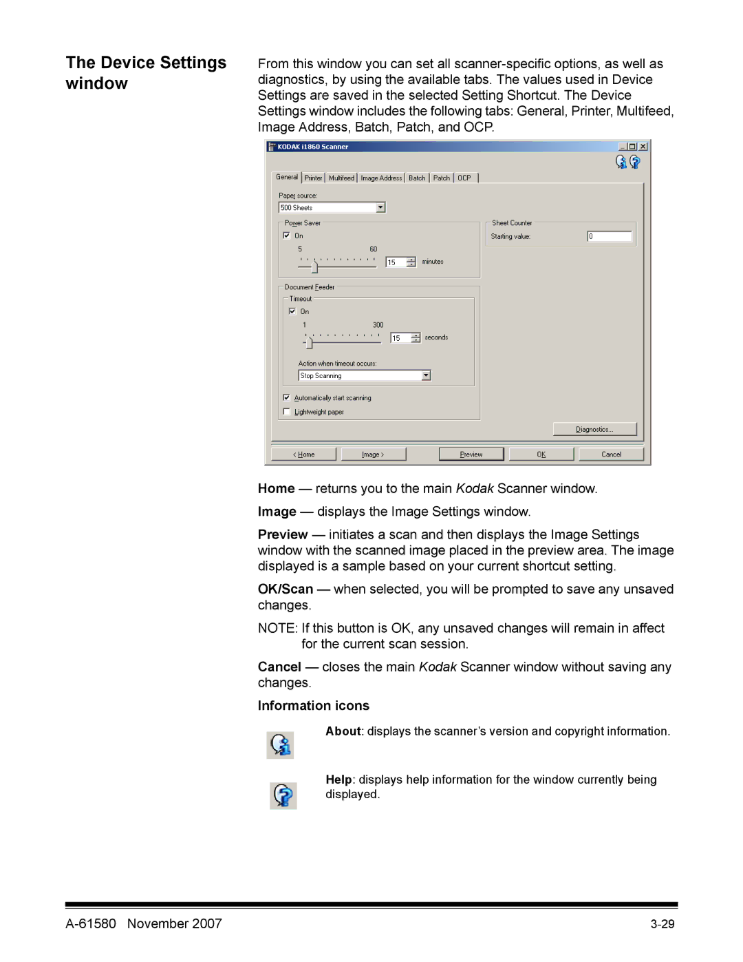 Kodak A-61580 manual Device Settings window, Information icons 