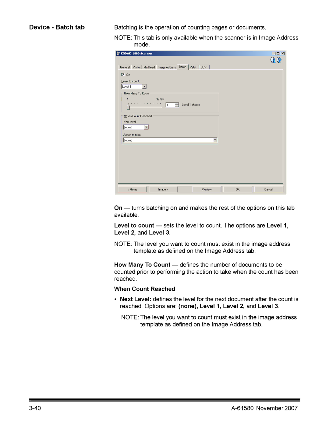 Kodak A-61580 manual Device Batch tab, When Count Reached, Reached. Options are none, Level 1, Level 2, and Level 