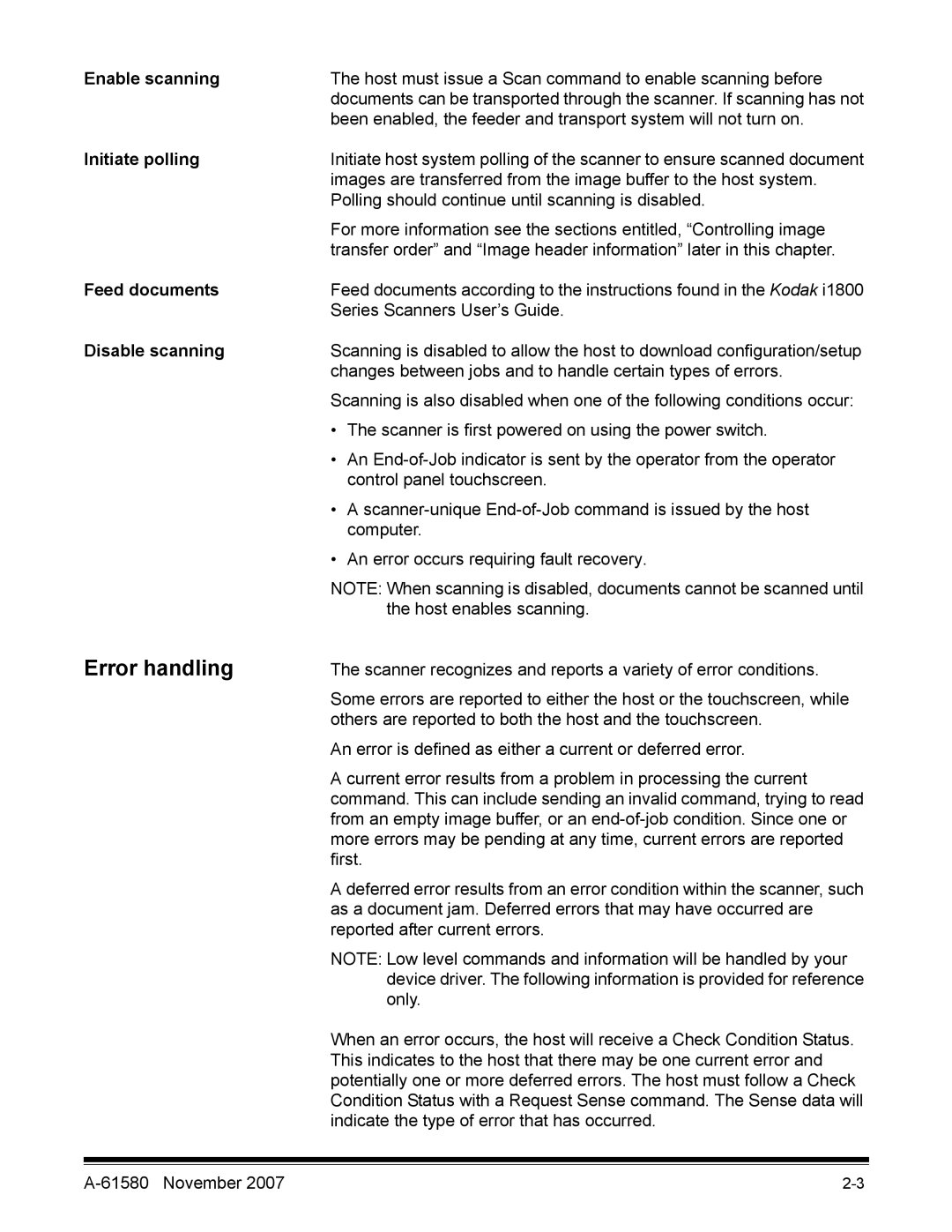 Kodak A-61580 manual Error handling, Enable scanning, Initiate polling, Feed documents, Disable scanning 