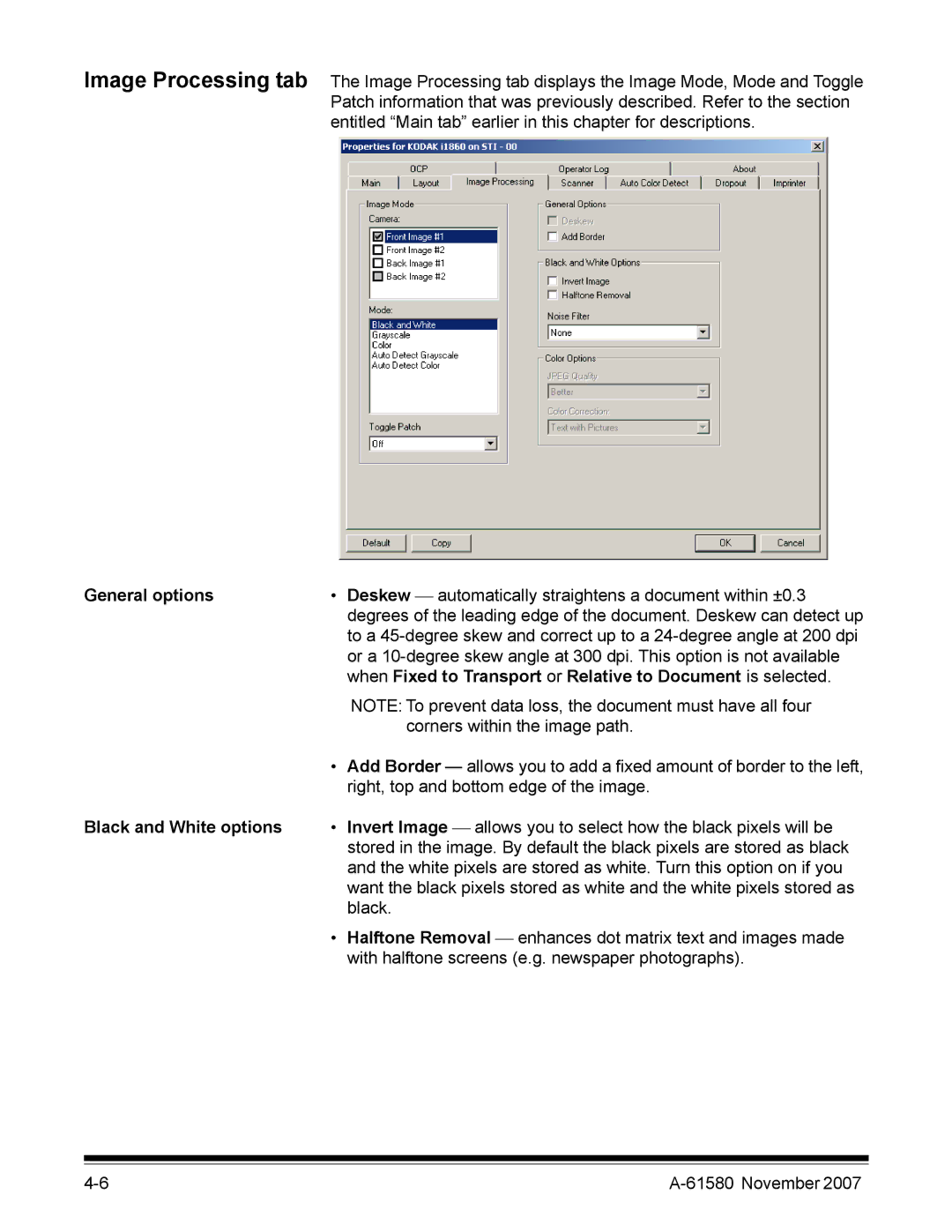 Kodak A-61580 manual General options, When Fixed to Transport or Relative to Document is selected 