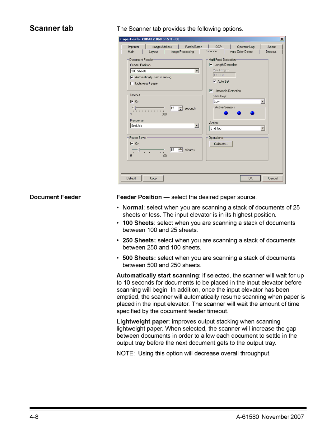 Kodak A-61580 manual Scanner tab, Document Feeder 