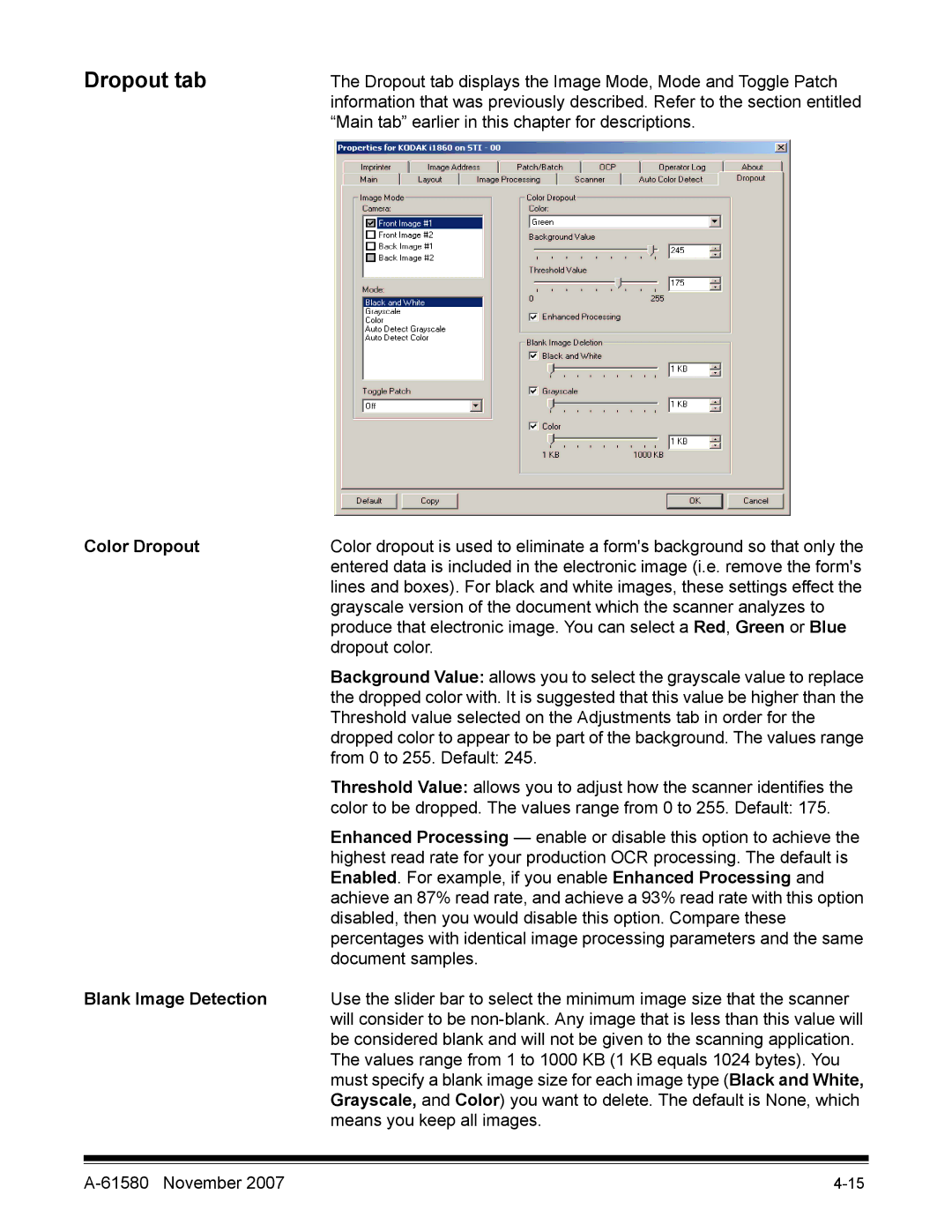 Kodak A-61580 manual Dropout tab, Color Dropout, Blank Image Detection 