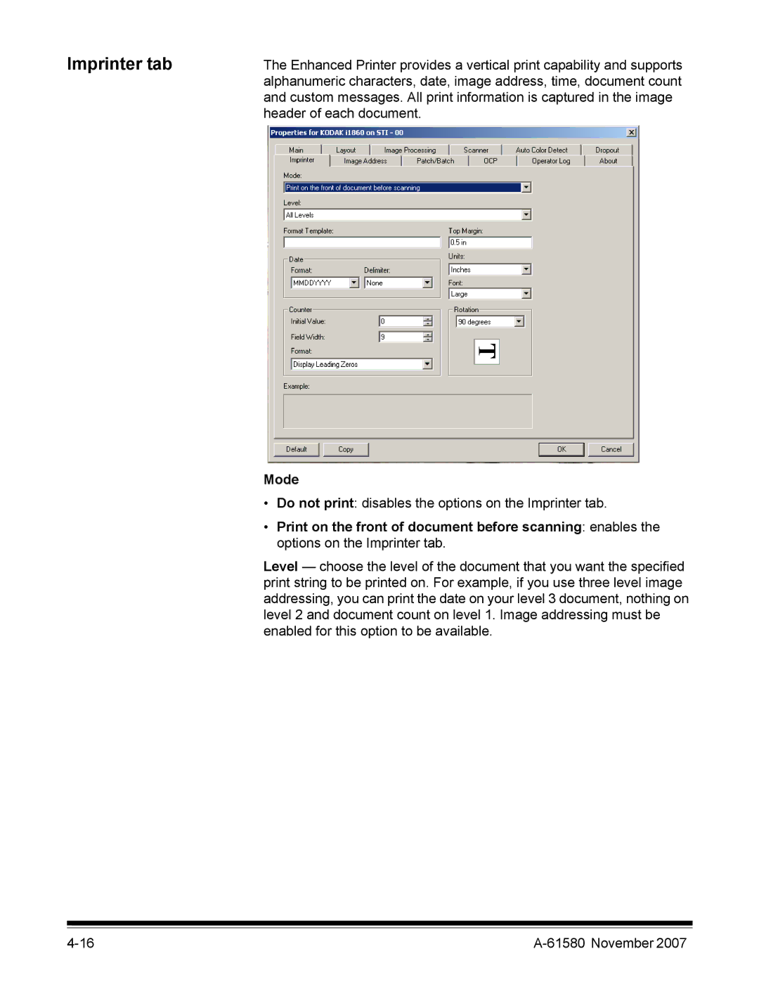 Kodak A-61580 manual Imprinter tab, Mode 