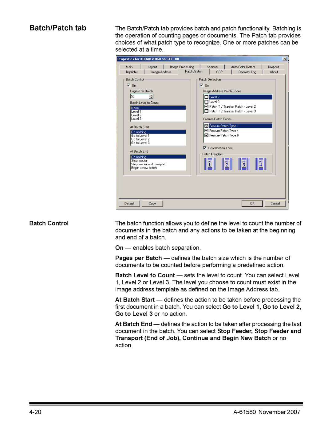 Kodak A-61580 manual Batch/Patch tab, Batch Control, Go to Level 3 or no action 