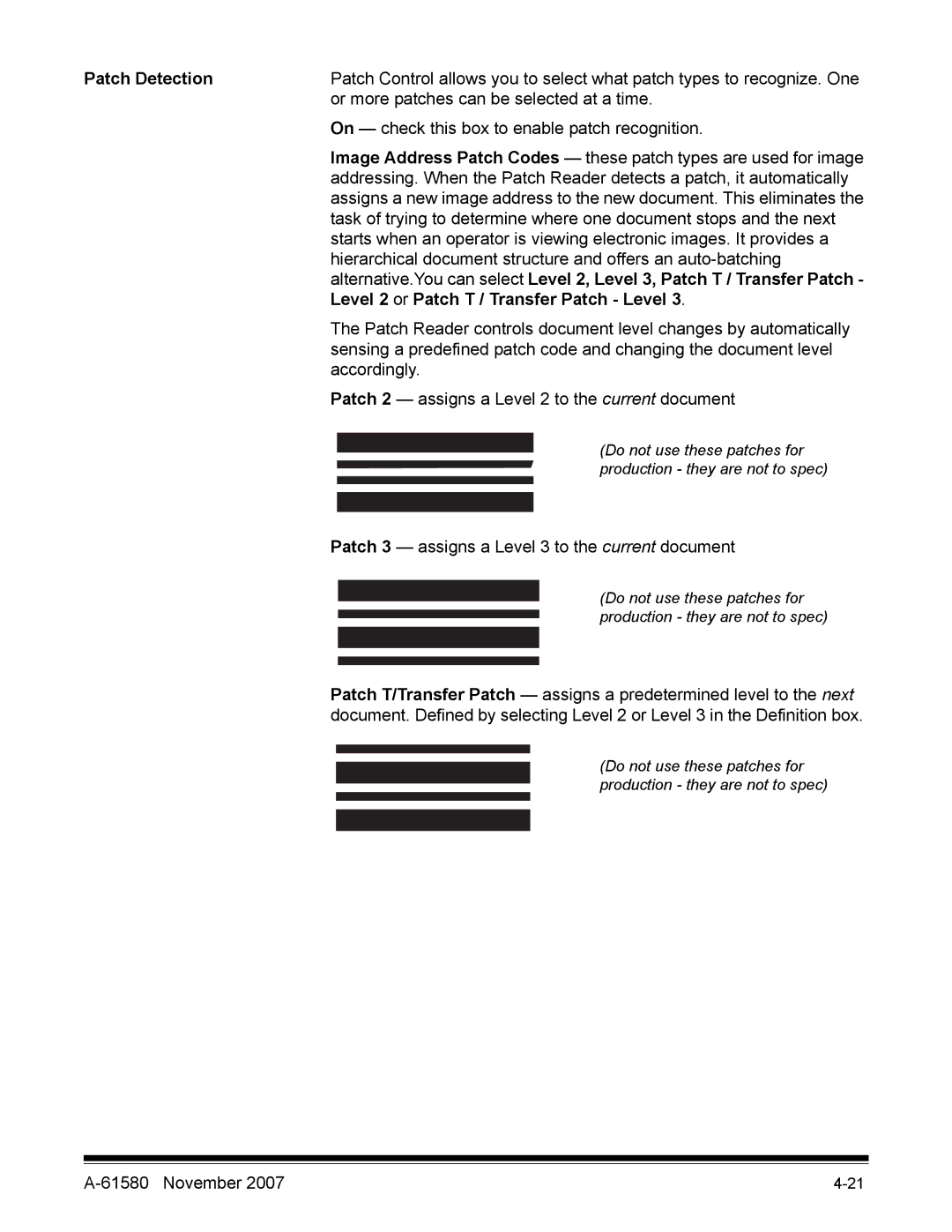 Kodak A-61580 manual Patch Detection, Level 2 or Patch T / Transfer Patch Level 