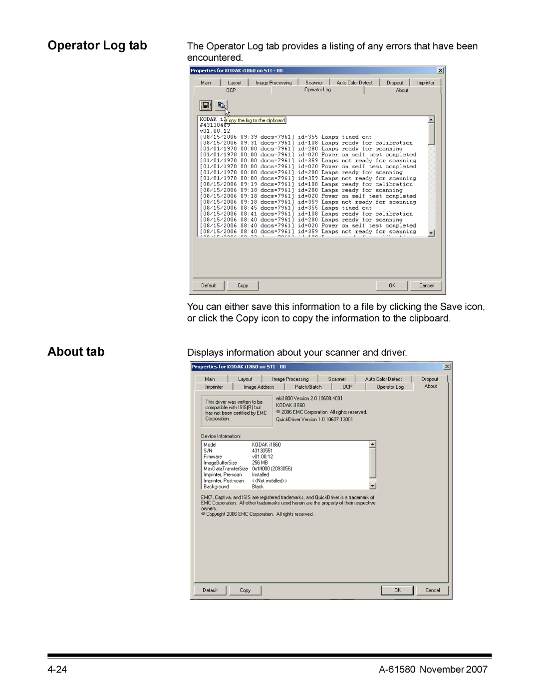 Kodak A-61580 manual Operator Log tab About tab 