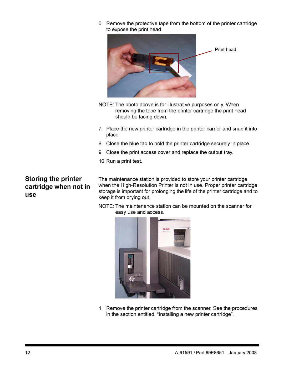 Kodak A-61597 manual Storing the printer cartridge when not in use 