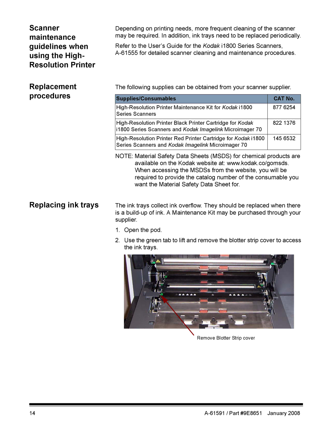 Kodak A-61597 manual Replacement procedures Replacing ink trays, Supplies/Consumables CAT No 