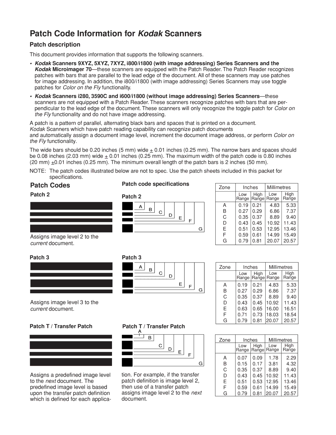 Kodak A-61599 manual Patch description, Patch code specifications, Patch T / Transfer Patch 