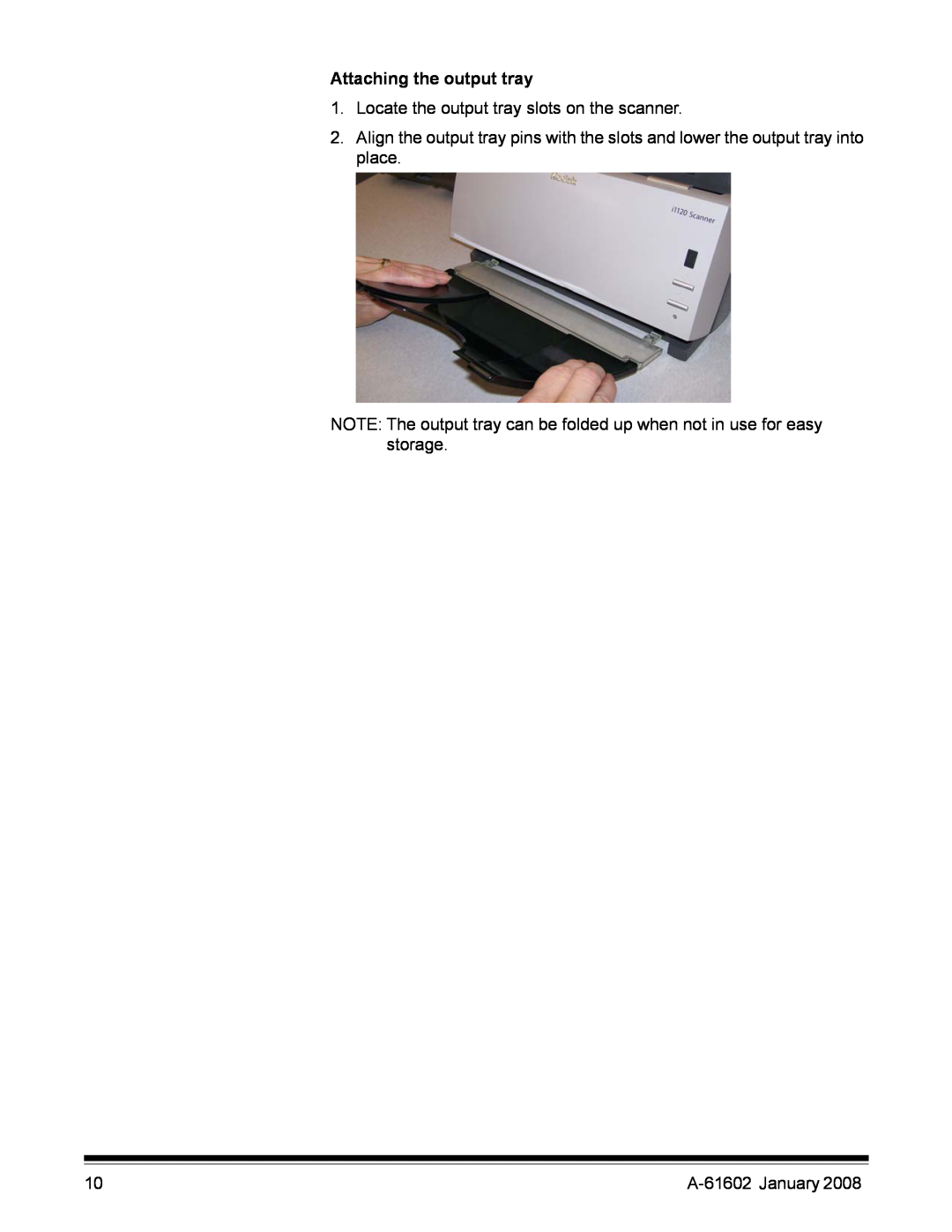 Kodak manual Attaching the output tray, Locate the output tray slots on the scanner, A-61602 January 